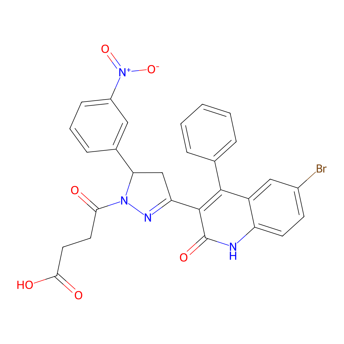 4-(3-(6-bromo-2-oxo-4-phenyl-1,2-dihydroquinolin-3-yl)-5-(3-nitrophenyl)-4,5-dihydro-1H-pyrazol-1-yl)-4-oxobutanoic acid molecular structure, CAS 313404-86-3