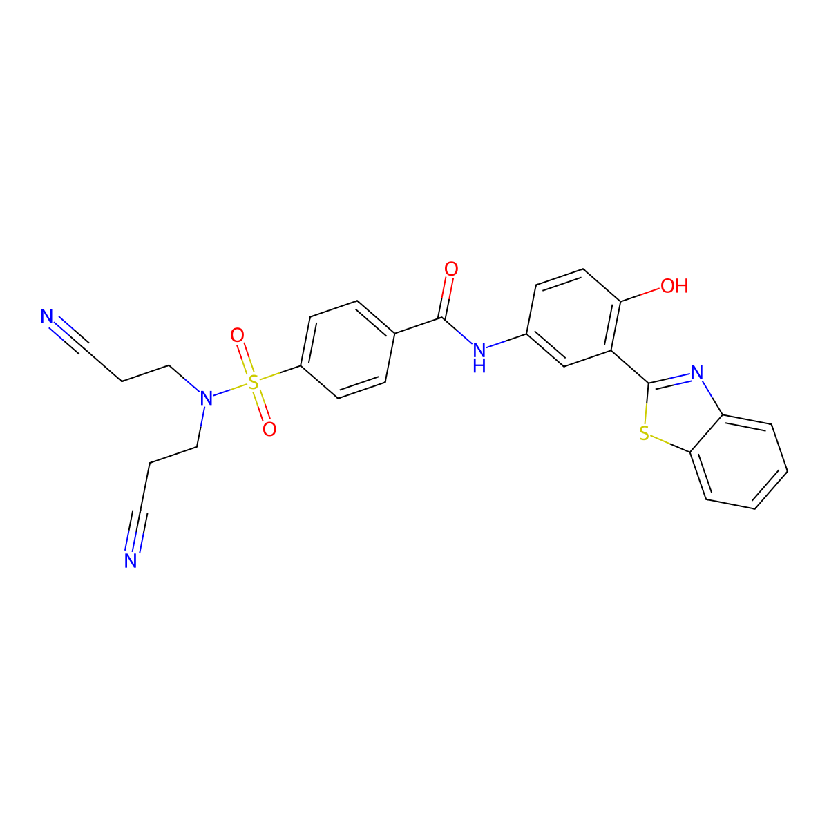 N-(3-(benzo[d]thiazol-2-yl)-4-hydroxyphenyl)-4-(N,N-bis(2-cyanoethyl)sulfamoyl)benzamide molecular structure, CAS 313405-13-9