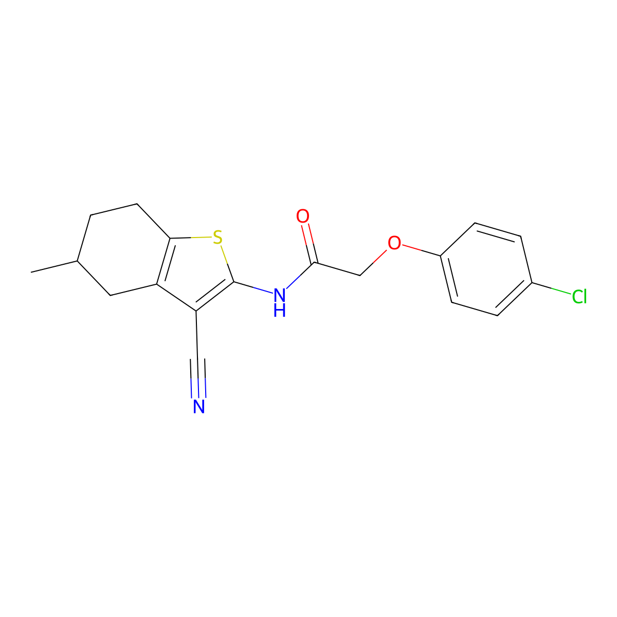 2-(4-chlorophenoxy)-N-(3-cyano-5-methyl-4,5,6,7-tetrahydro-1-benzothiophen-2-yl)acetamide molecular structure, CAS 313469-54-4