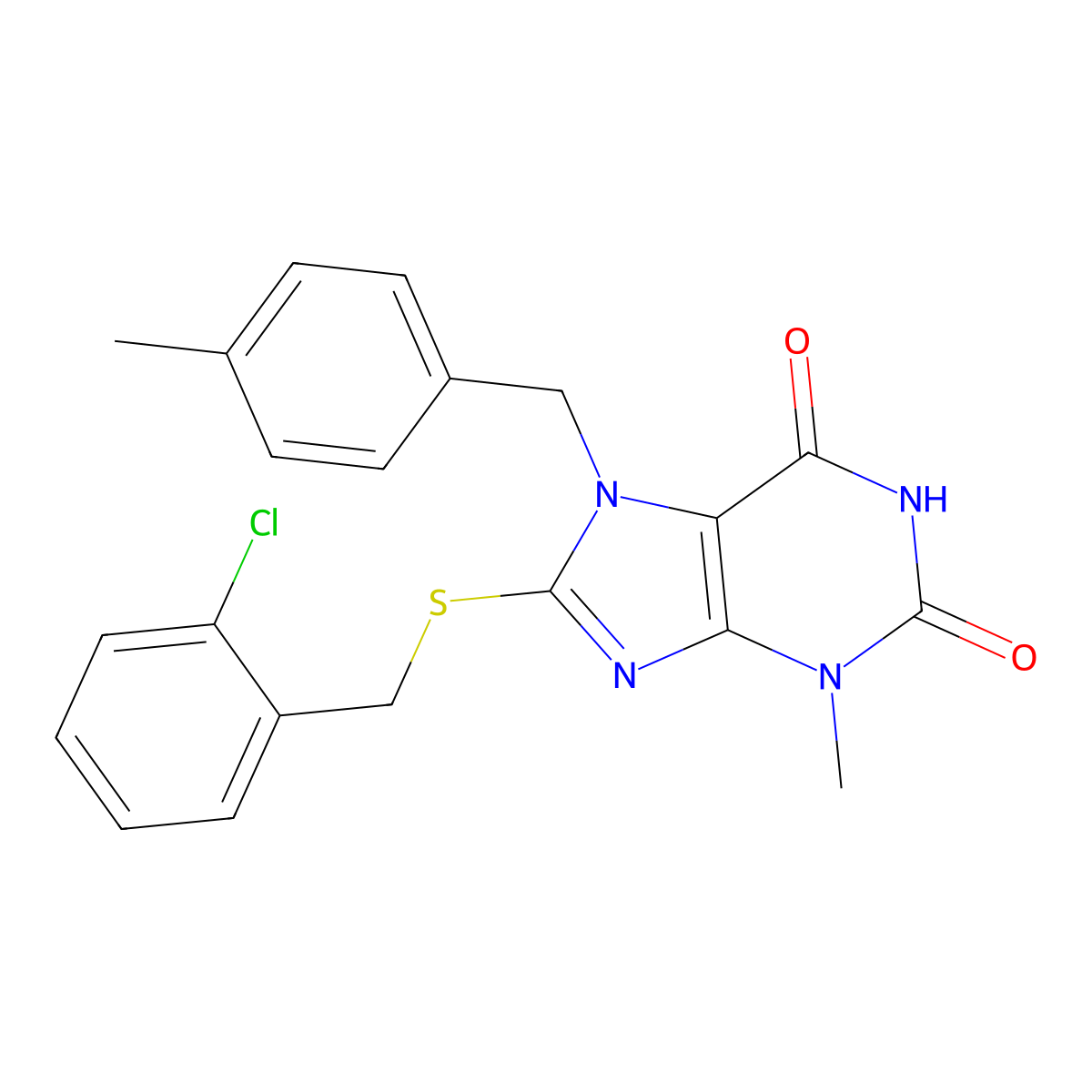 8-((2-chlorobenzyl)thio)-3-methyl-7-(4-methylbenzyl)-1H-purine-2,6(3H,7H)-dione molecular structure, CAS 313469-89-5