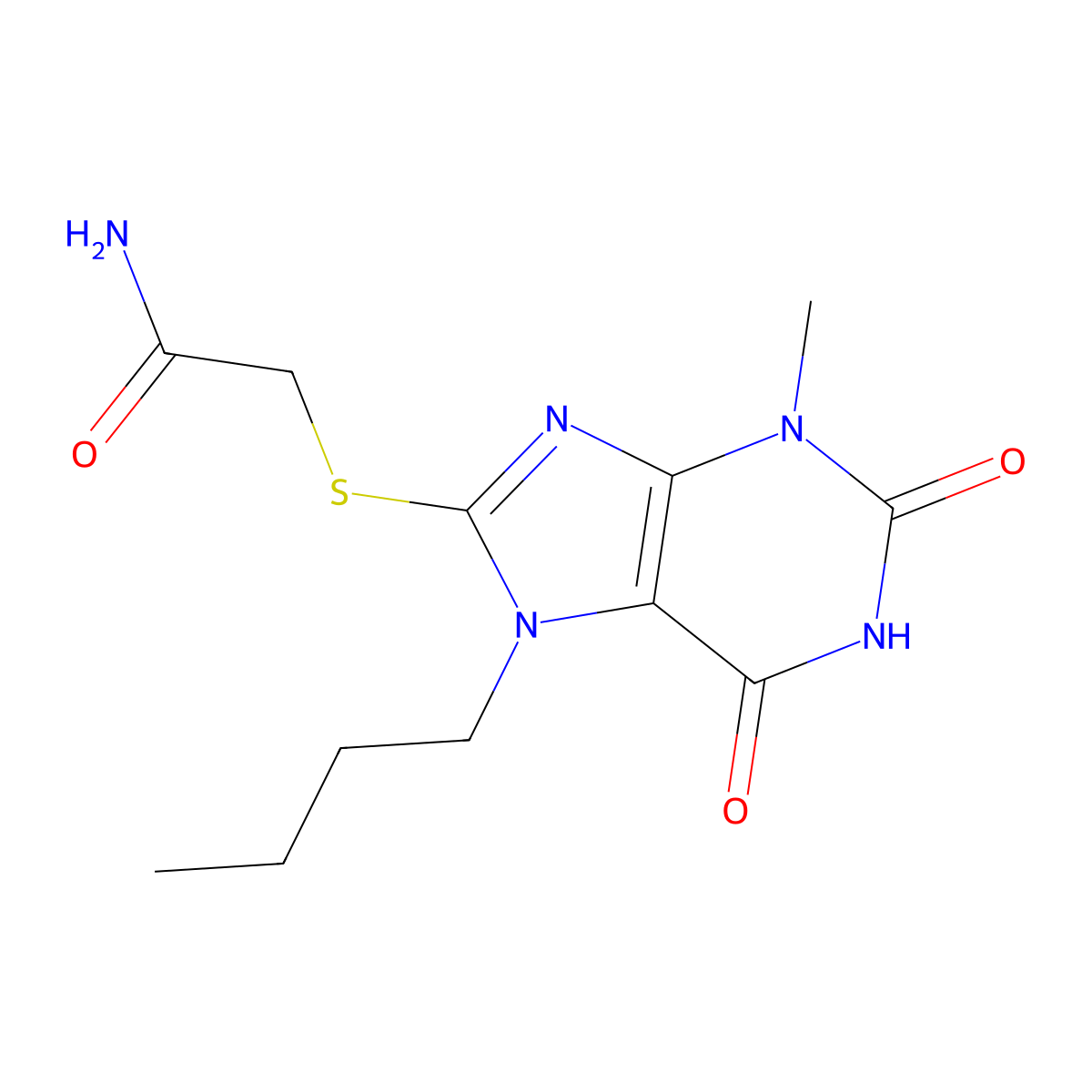 2-((7-butyl-3-methyl-2,6-dioxo-2,3,6,7-tetrahydro-1H-purin-8-yl)thio)acetamide molecular structure, CAS 313469-90-8