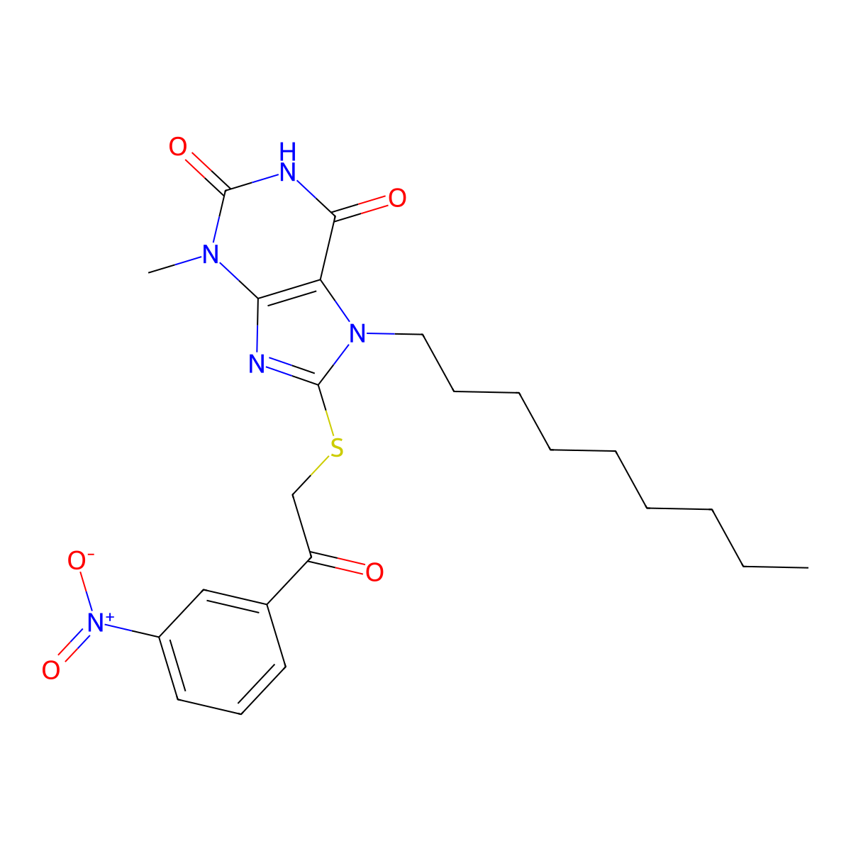 3-methyl-8-((2-(3-nitrophenyl)-2-oxoethyl)thio)-7-nonyl-1H-purine-2,6(3H,7H)-dione molecular structure, CAS 313470-18-7