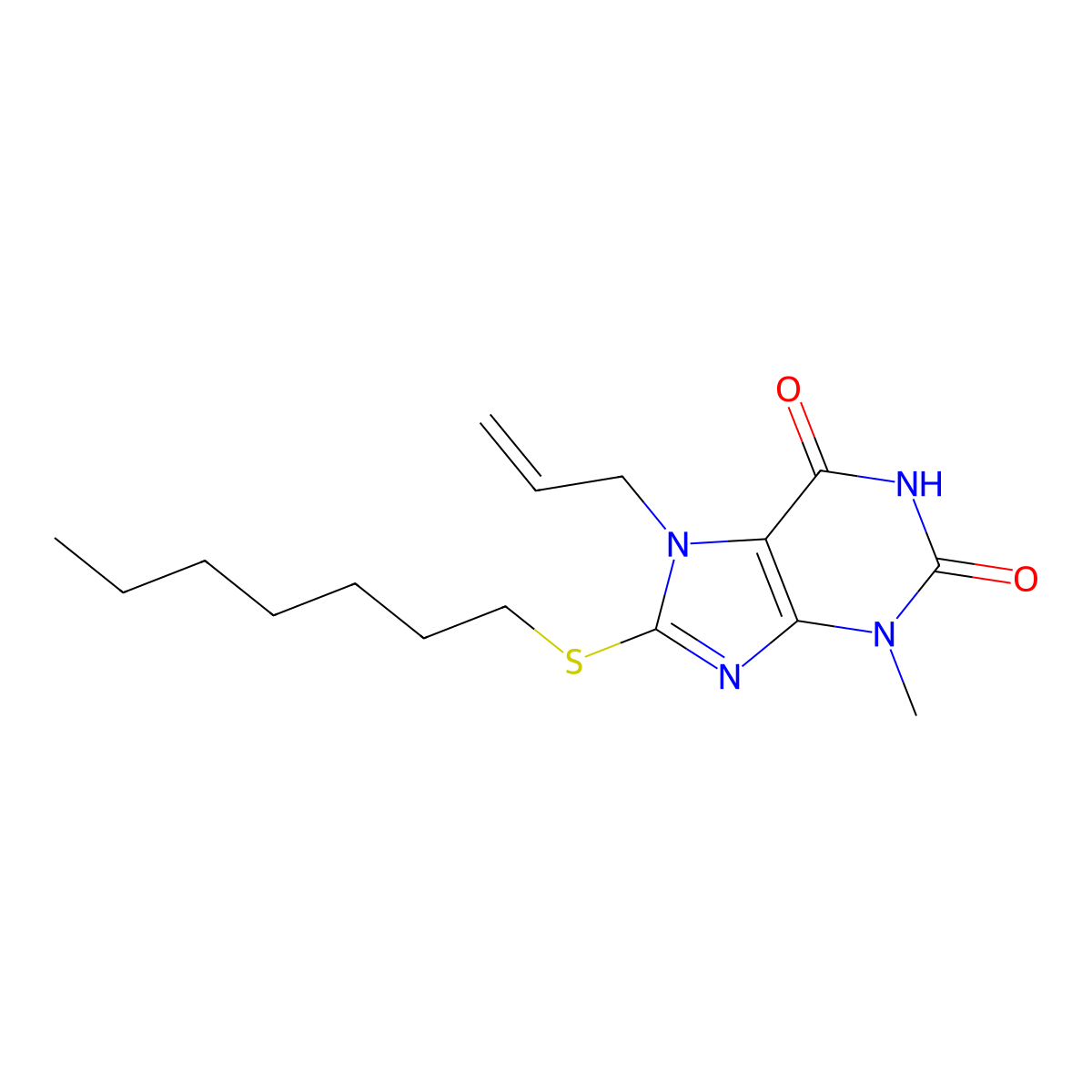 7-Allyl-8-heptylsulfanyl-3-methyl-3,7-dihydro-purine-2,6-dione molecular structure, CAS 313470-25-6