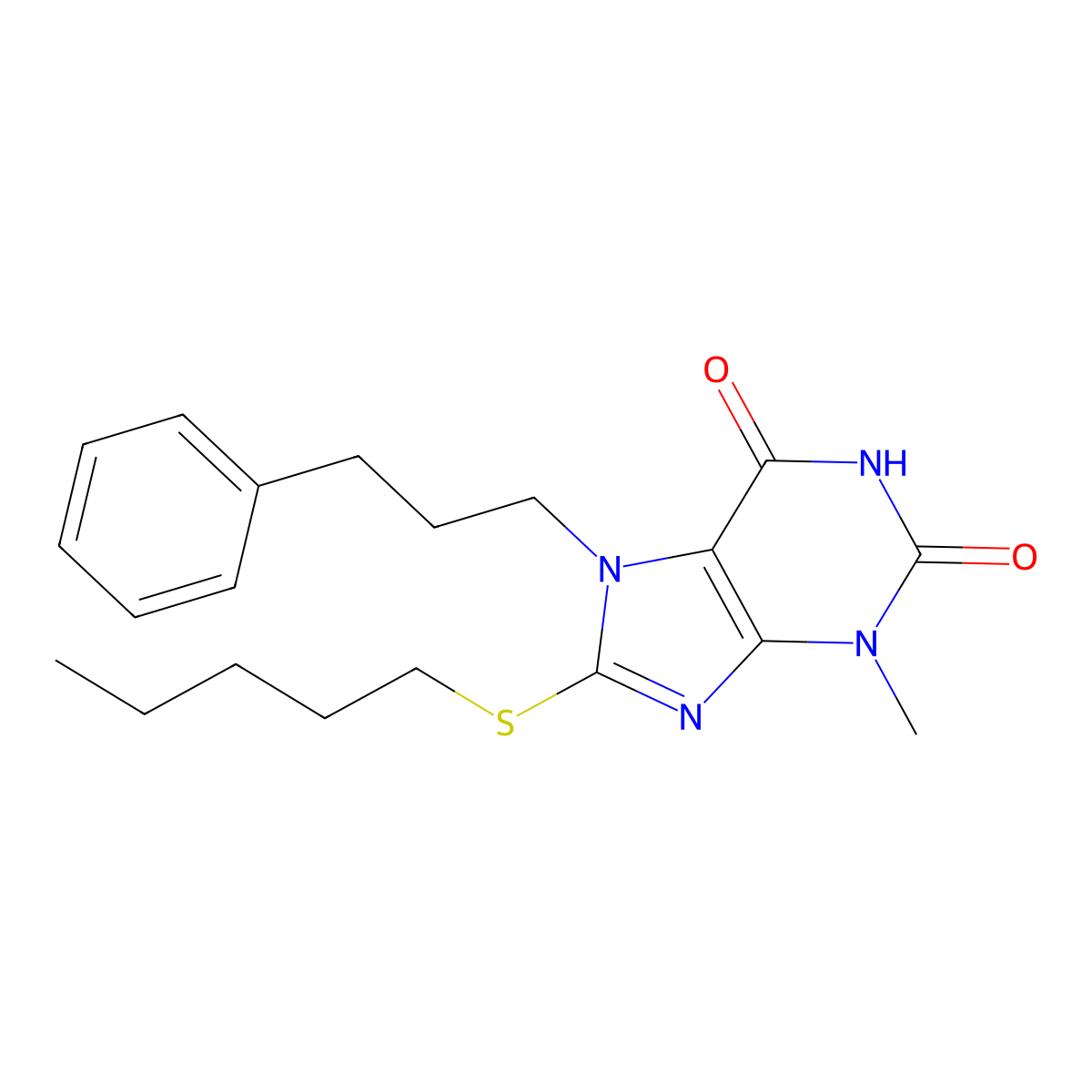 3-methyl-8-(pentylsulfanyl)-7-(3-phenylpropyl)-3,7-dihydro-1H-purine-2,6-dione molecular structure, CAS 313470-29-0