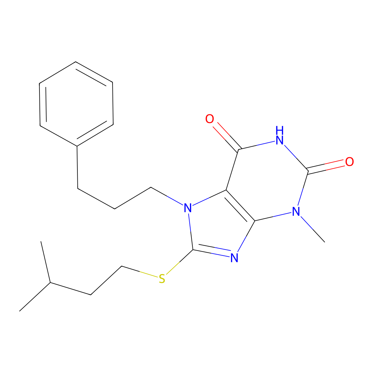 3-Methyl-8-(3-methylbutylsulfanyl)-7-(3-phenylpropyl)purine-2,6-dione molecular structure, CAS 313470-30-3