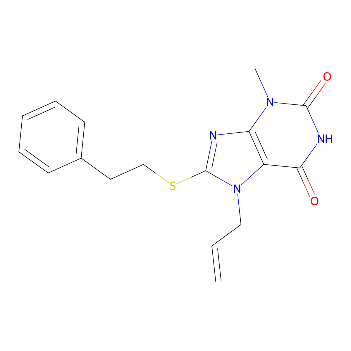 7-allyl-3-methyl-8-(phenethylthio)-1H-purine-2,6(3H,7H)-dione molecular structure, CAS 313470-38-1