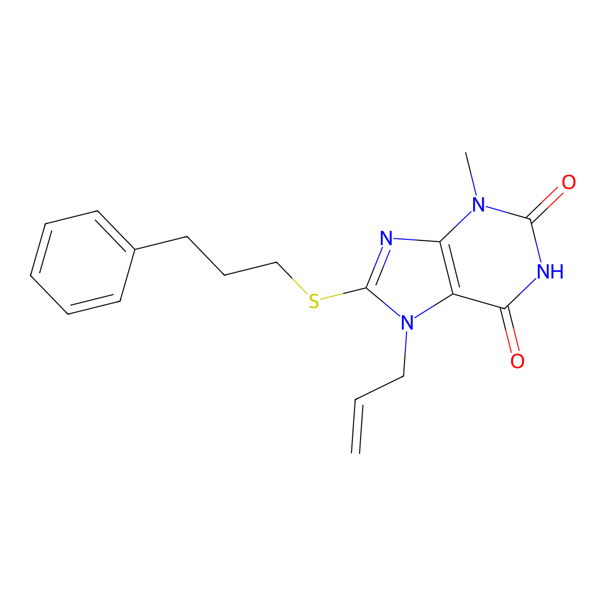 3-Methyl-8-(3-phenylpropylsulfanyl)-7-prop-2-enylpurine-2,6-dione molecular structure, CAS 313470-39-2