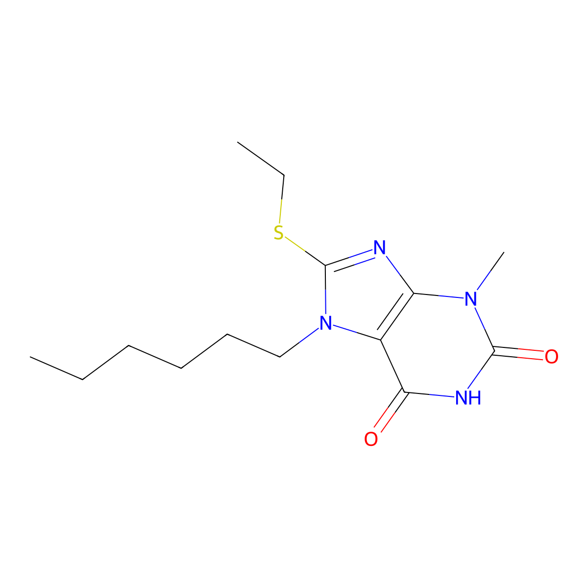 8-(ethylthio)-7-hexyl-3-methyl-1H-purine-2,6(3H,7H)-dione molecular structure, CAS 313470-40-5