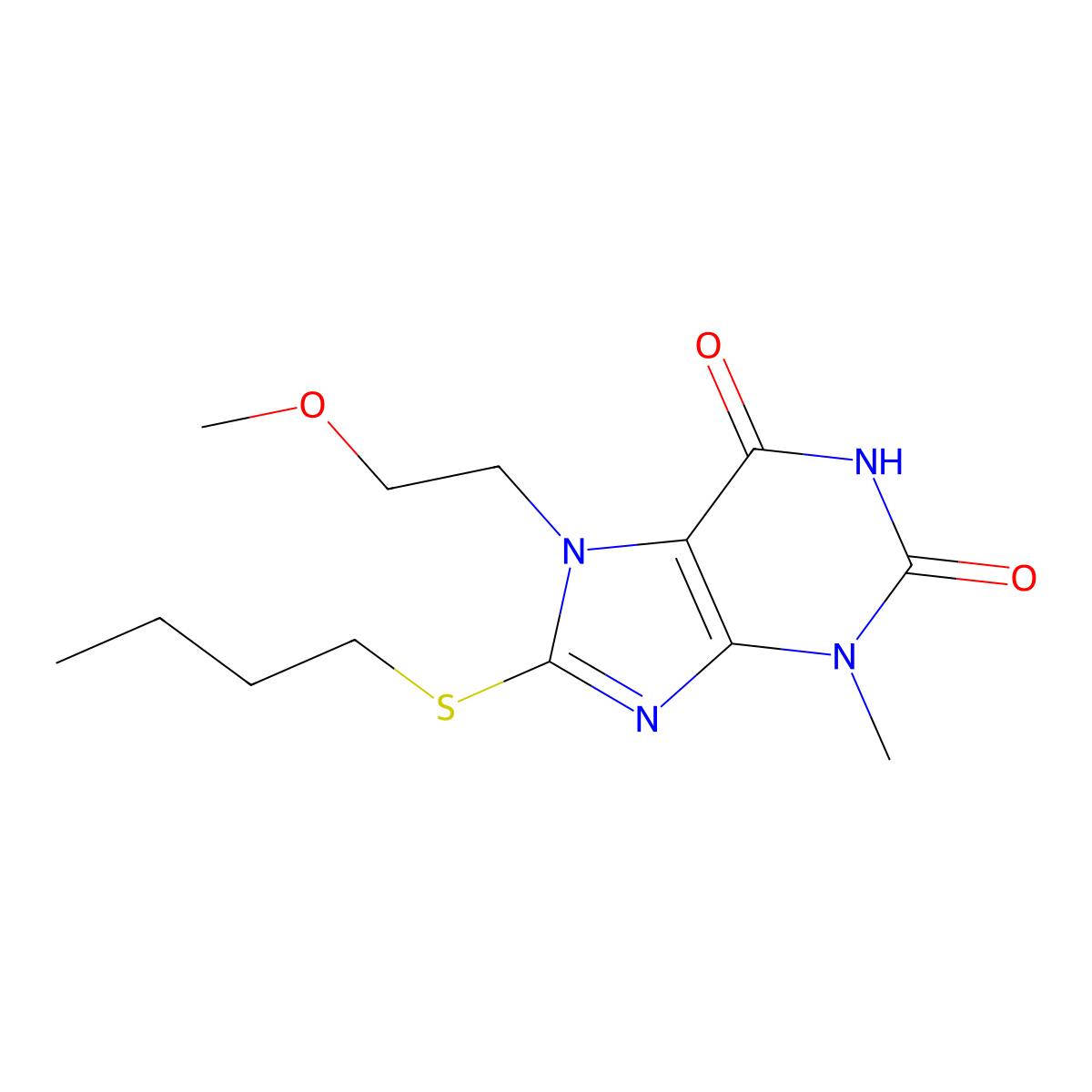 8-Butylsulfanyl-7-(2-methoxyethyl)-3-methylpurine-2,6-dione molecular structure, CAS 313470-47-2