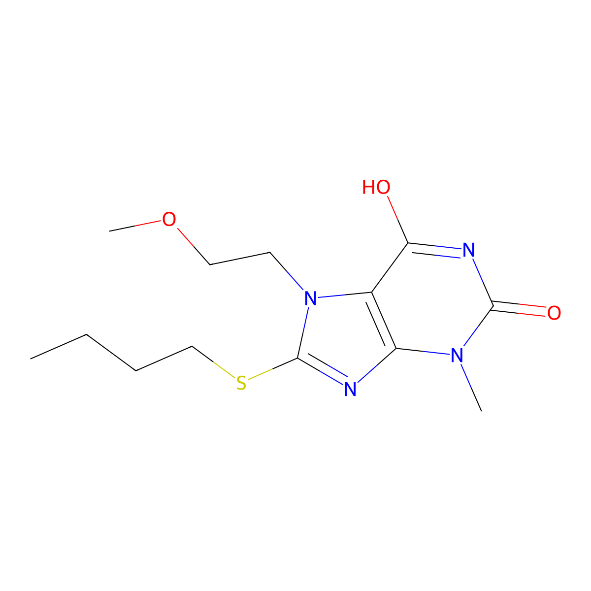 8-Butylsulfanyl-7-(2-methoxyethyl)-3-methylpurine-2,6-dione molecular structure, CAS 313470-47-2