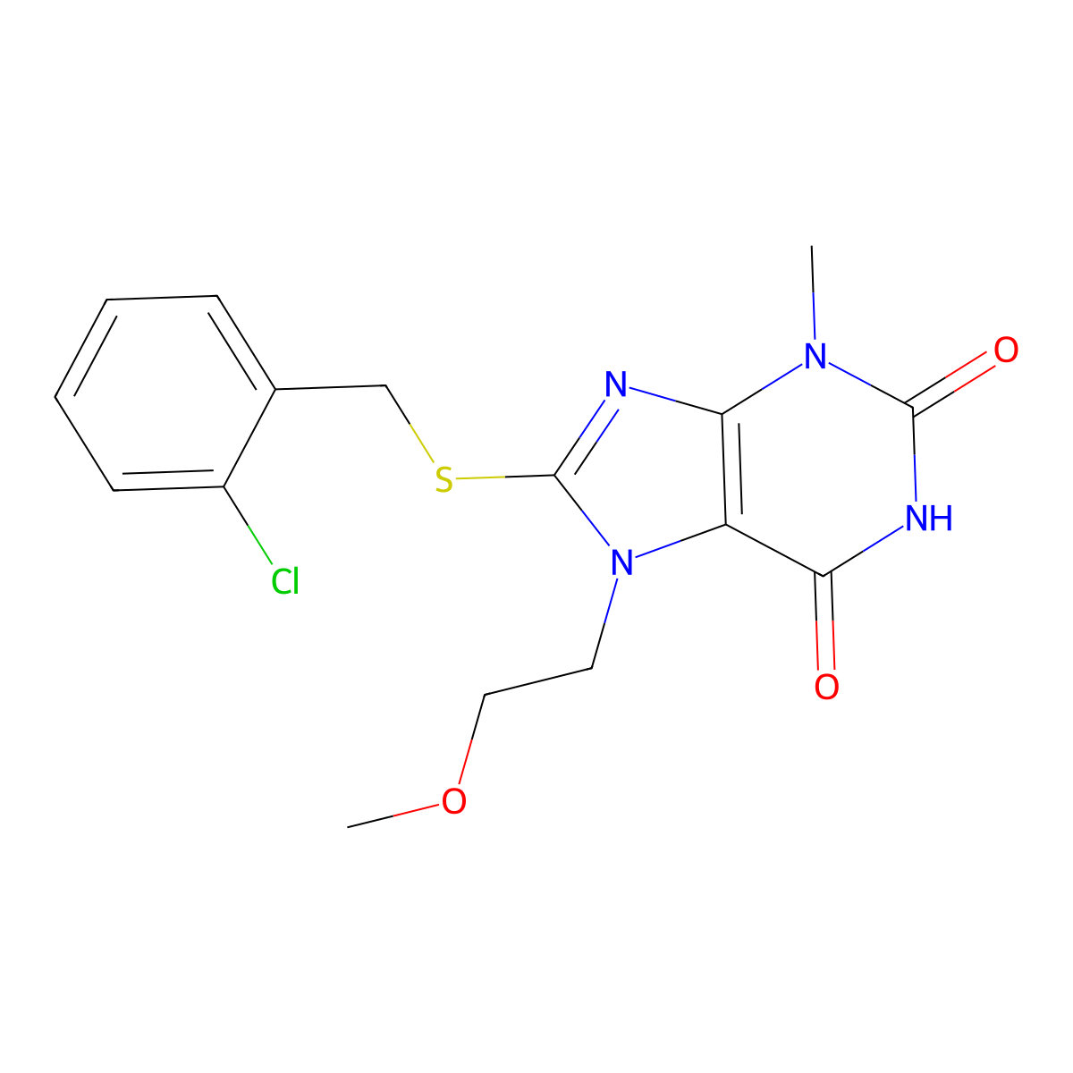 8-((2-chlorobenzyl)thio)-7-(2-methoxyethyl)-3-methyl-1H-purine-2,6(3H,7H)-dione molecular structure, CAS 313470-49-4
