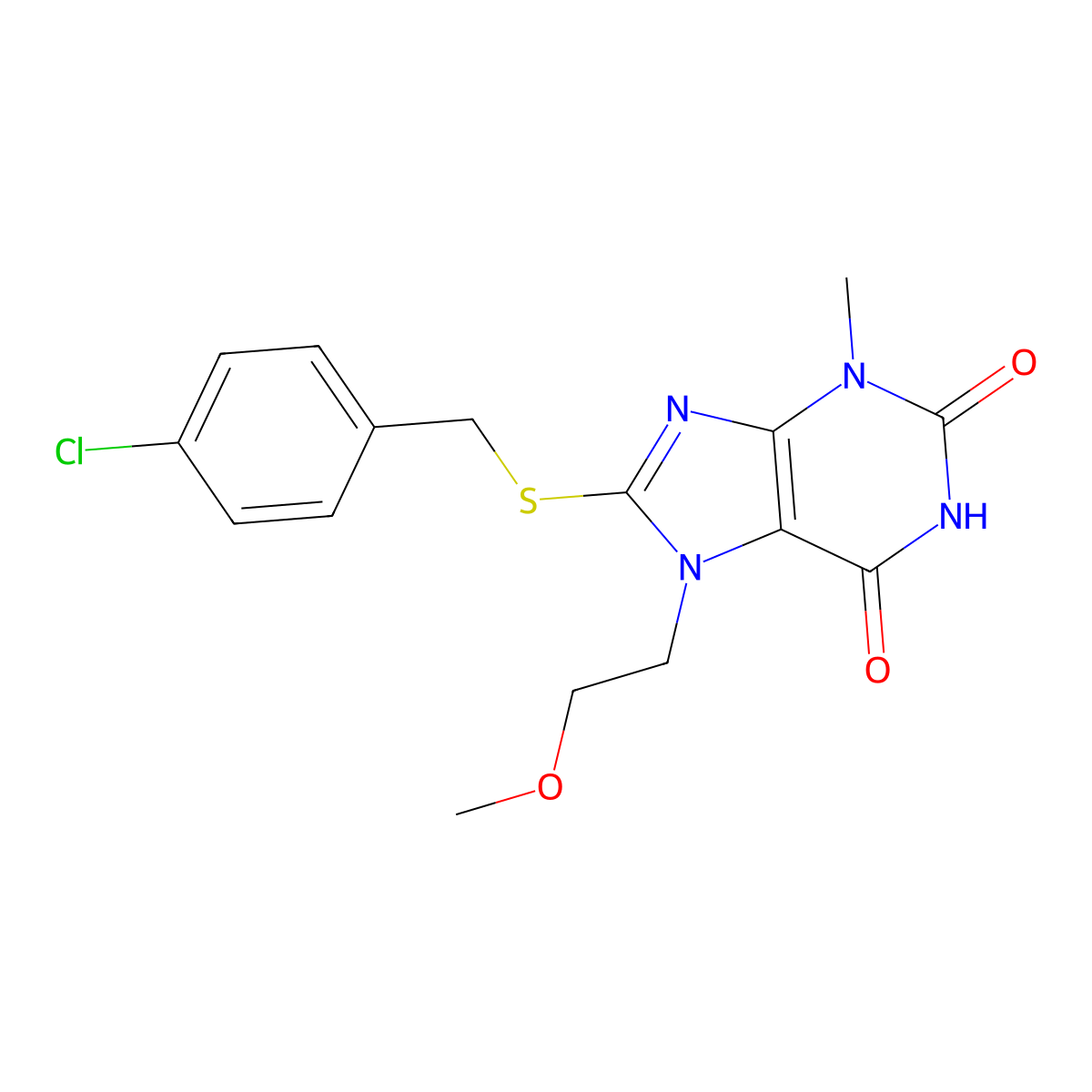 8-((4-chlorobenzyl)thio)-7-(2-methoxyethyl)-3-methyl-1H-purine-2,6(3H,7H)-dione molecular structure, CAS 313470-50-7