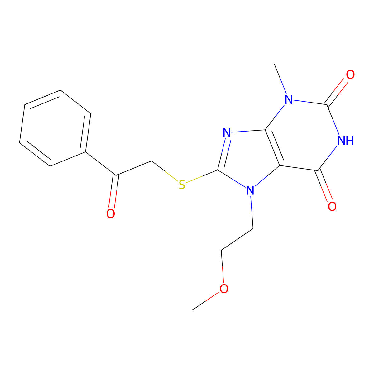 7-(2-methoxyethyl)-3-methyl-8-((2-oxo-2-phenylethyl)thio)-1H-purine-2,6(3H,7H)-dione molecular structure, CAS 313470-54-1