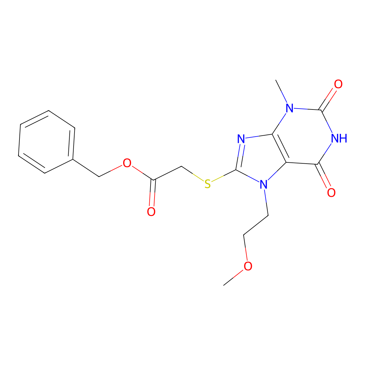 Benzyl 2-[7-(2-methoxyethyl)-3-methyl-2,6-dioxopurin-8-yl]sulfanylacetate molecular structure, CAS 313470-55-2