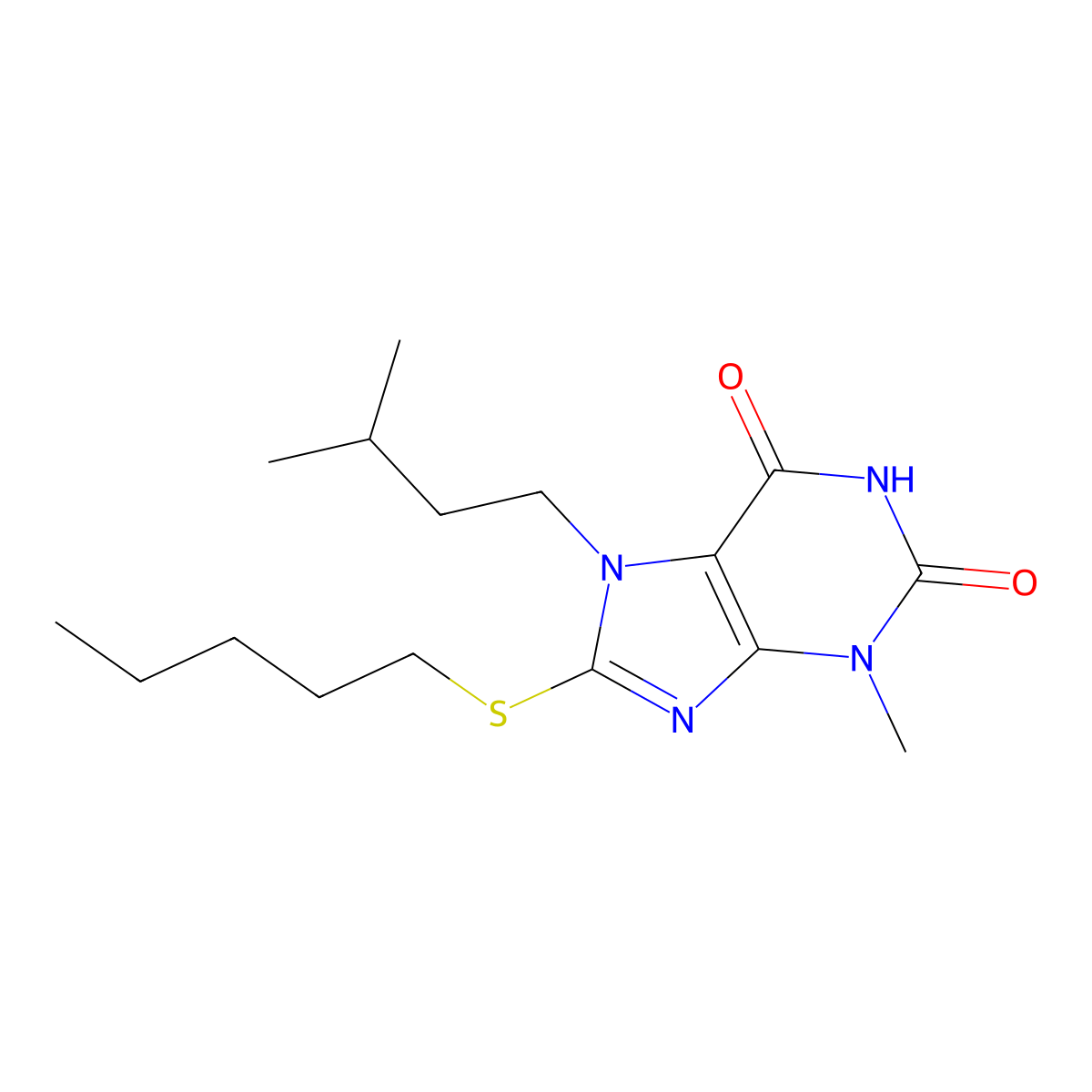 7-isopentyl-3-methyl-8-(pentylthio)-1H-purine-2,6(3H,7H)-dione molecular structure, CAS 313470-57-4