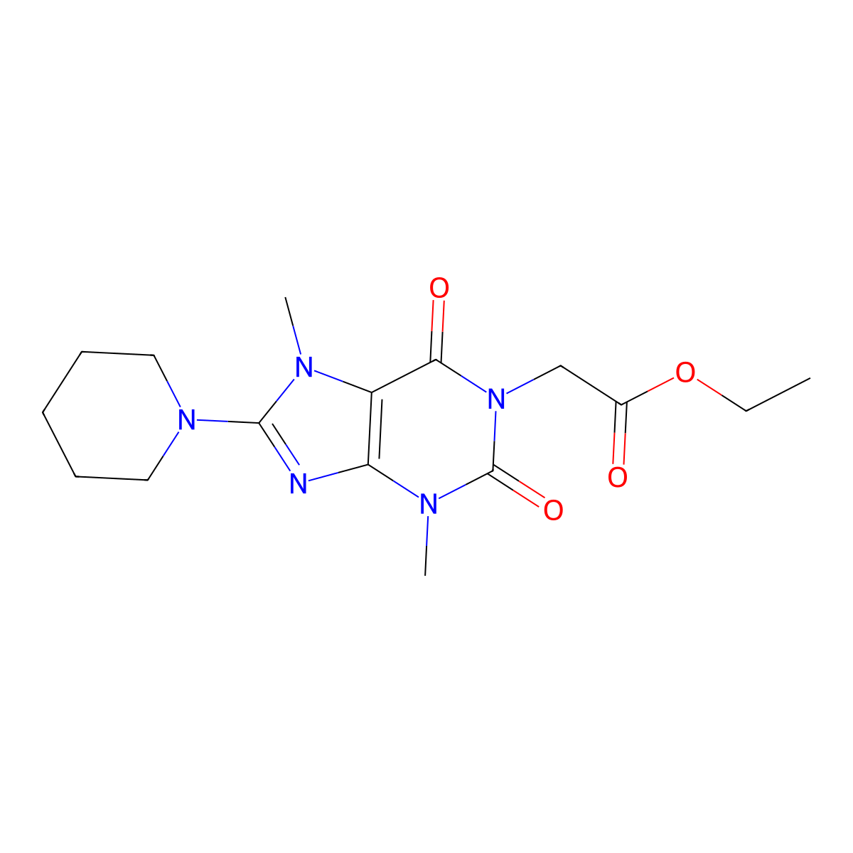 ethyl 2-(3,7-dimethyl-2,6-dioxo-8-(piperidin-1-yl)-2,3,6,7-tetrahydro-1H-purin-1-yl)acetate molecular structure, CAS 313470-59-6