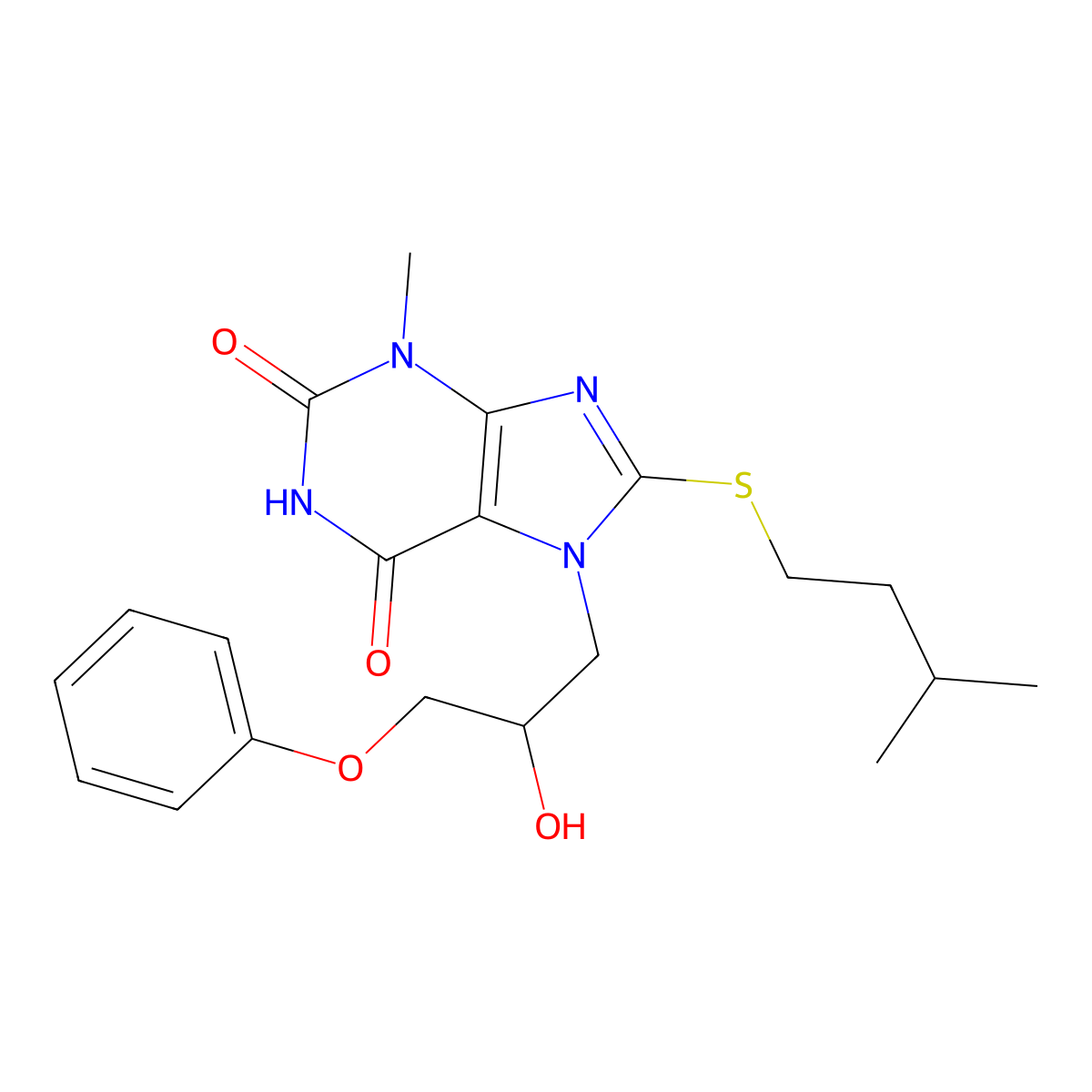 7-(2-hydroxy-3-phenoxypropyl)-8-(isopentylthio)-3-methyl-1H-purine-2,6(3H,7H)-dione molecular structure, CAS 313470-67-6