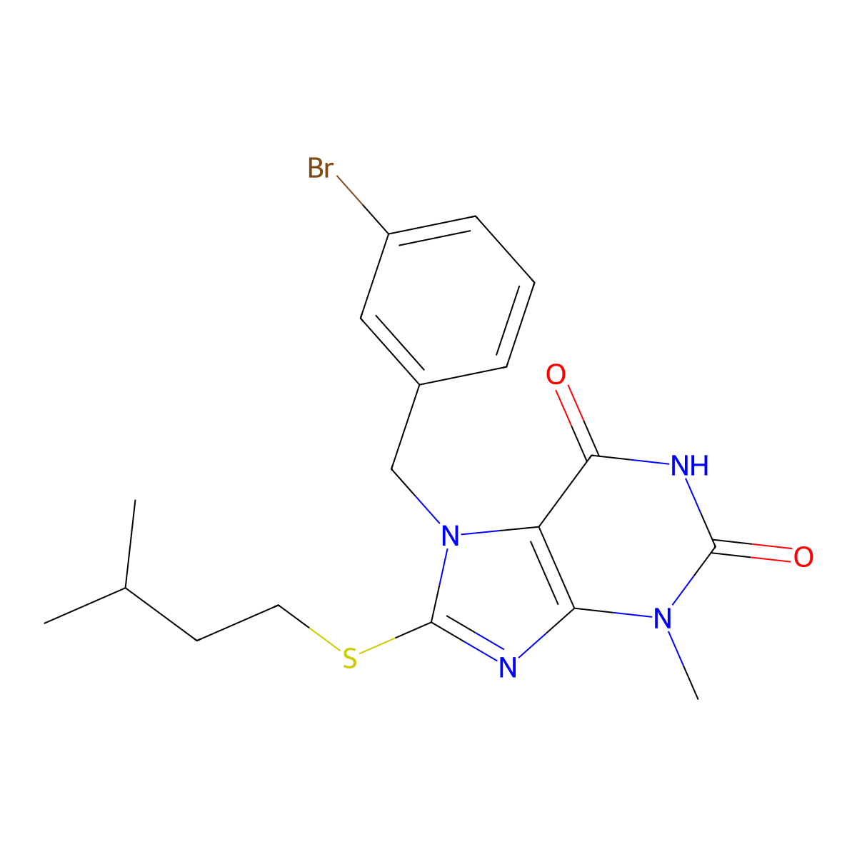 7-(3-bromobenzyl)-8-(isopentylsulfanyl)-3-methyl-3,7-dihydro-1H-purine-2,6-dione molecular structure, CAS 313470-68-7