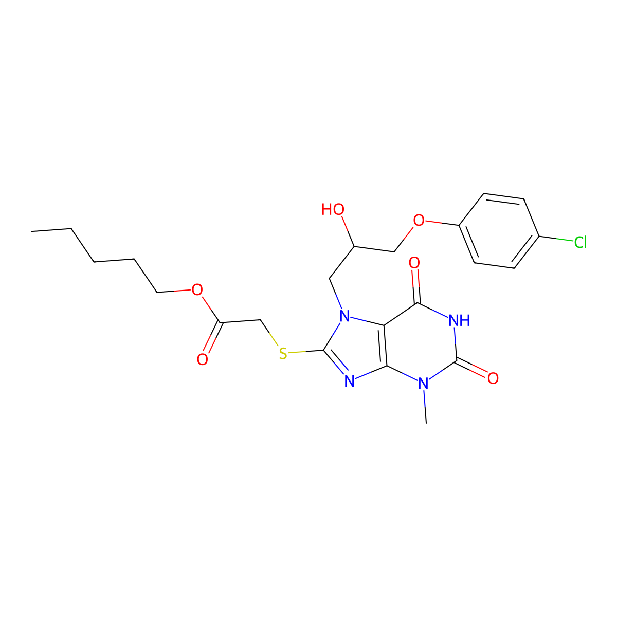 pentyl 2-((7-(3-(4-chlorophenoxy)-2-hydroxypropyl)-3-methyl-2,6-dioxo-2,3,6,7-tetrahydro-1H-purin-8-yl)thio)acetate molecular structure, CAS 313470-71-2