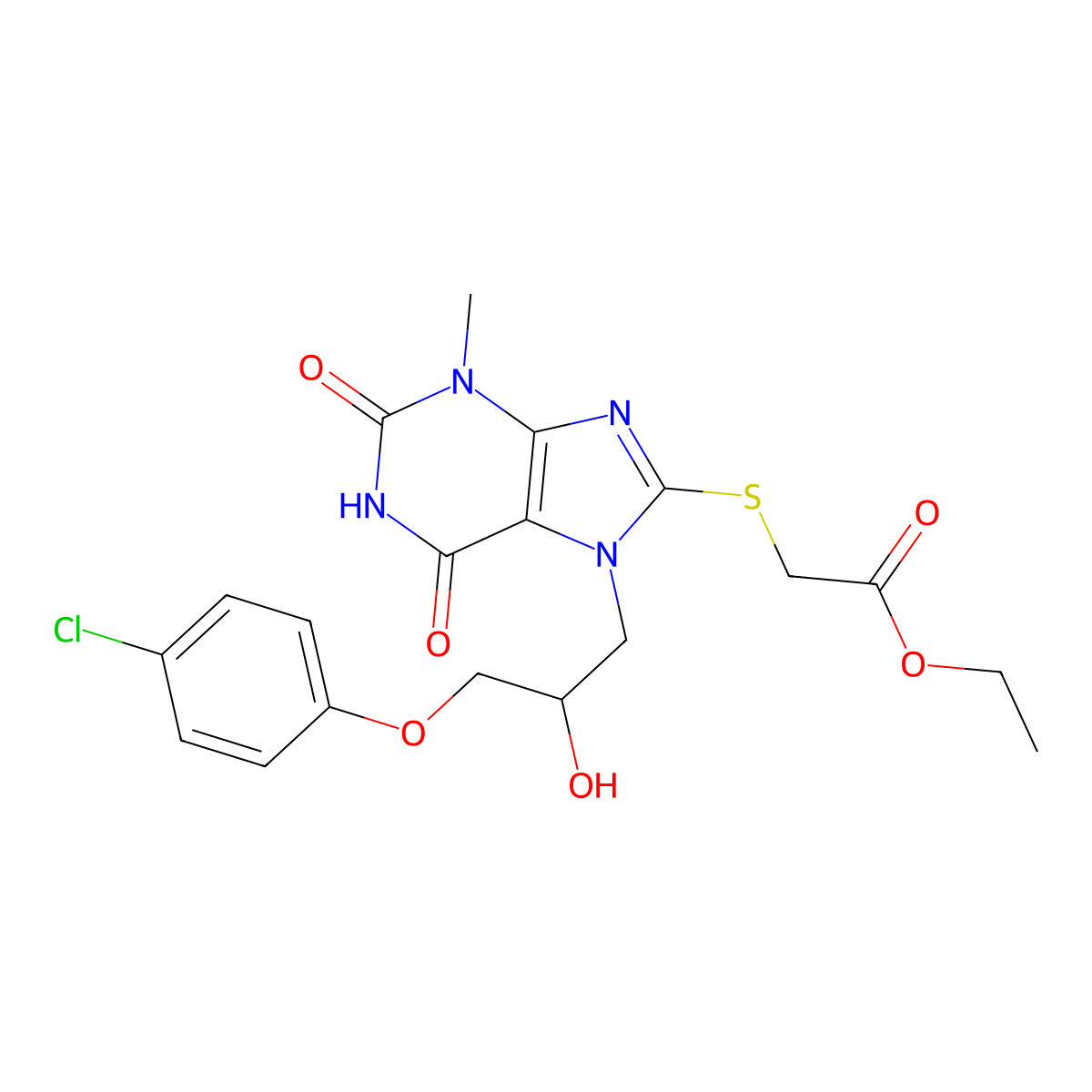 ethyl 2-((7-(3-(4-chlorophenoxy)-2-hydroxypropyl)-3-methyl-2,6-dioxo-2,3,6,7-tetrahydro-1H-purin-8-yl)thio)acetate molecular structure, CAS 313470-72-3