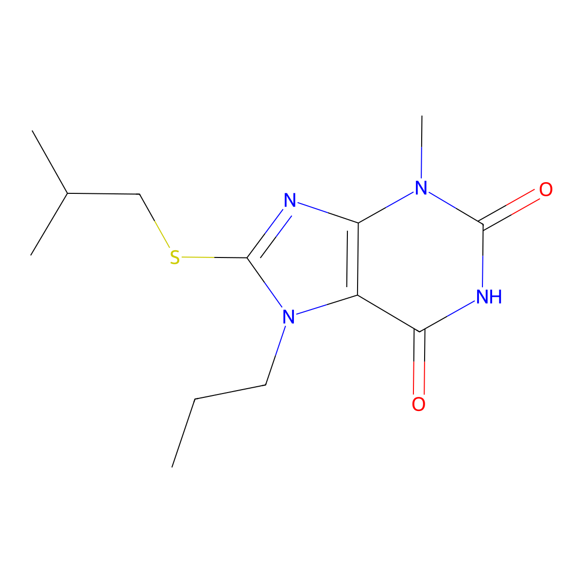 3-Methyl-8-(2-methylpropylsulfanyl)-7-propylpurine-2,6-dione molecular structure, CAS 313470-74-5
