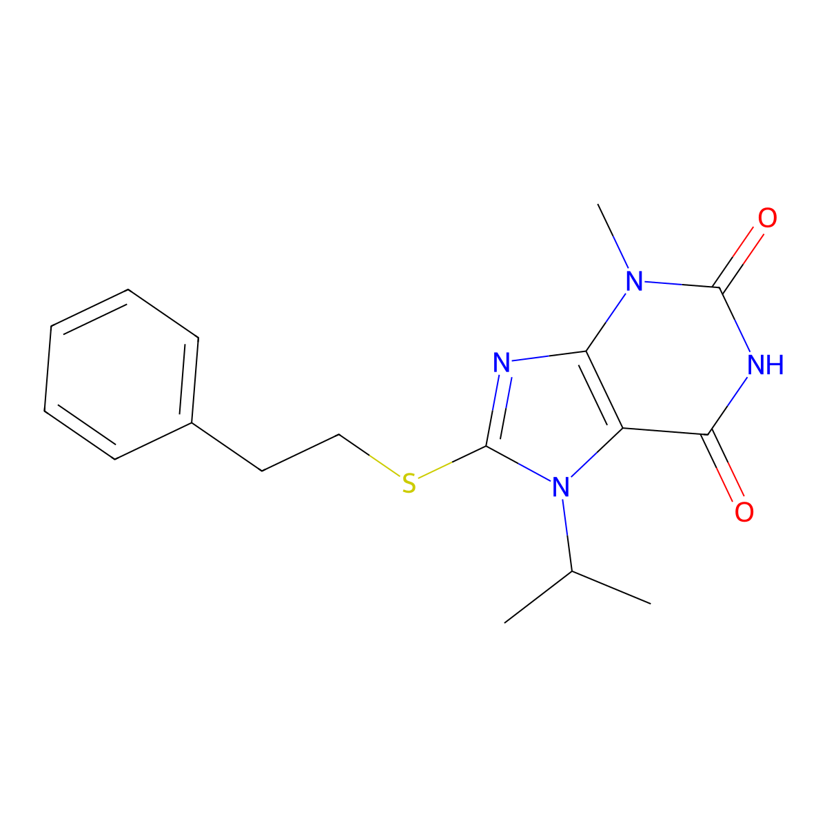 7-isopropyl-3-methyl-8-(phenethylthio)-1H-purine-2,6(3H,7H)-dione molecular structure, CAS 313470-75-6