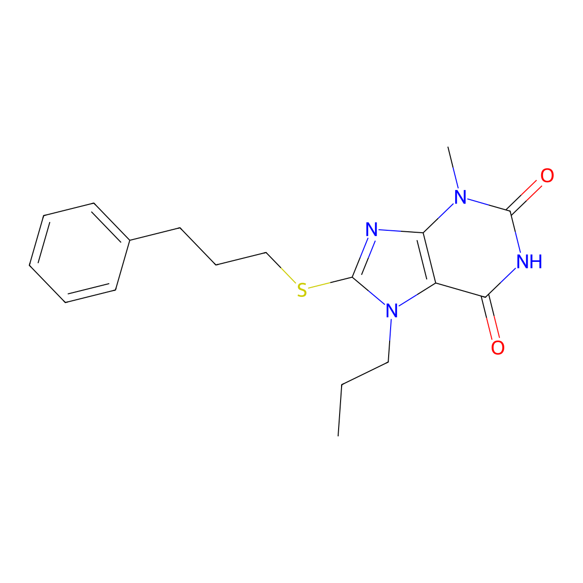 3-methyl-8-((3-phenylpropyl)thio)-7-propyl-1H-purine-2,6(3H,7H)-dione molecular structure, CAS 313470-76-7