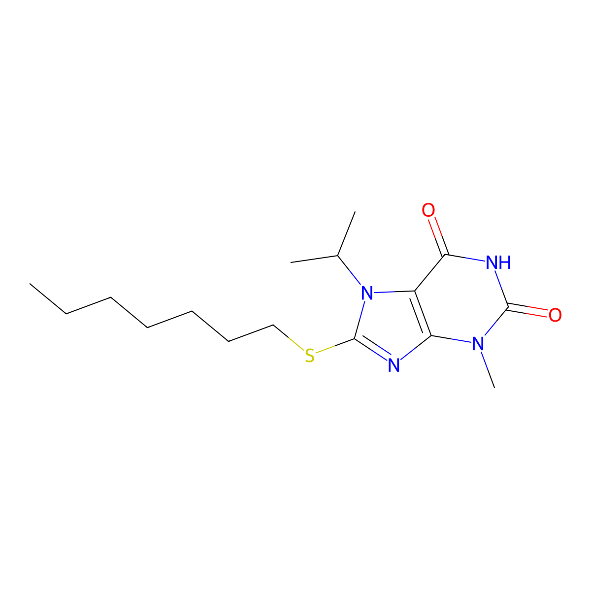 8-Heptylsulfanyl-7-isopropyl-3-methyl-3,7-dihydro-purine-2,6-dione molecular structure, CAS 313470-77-8