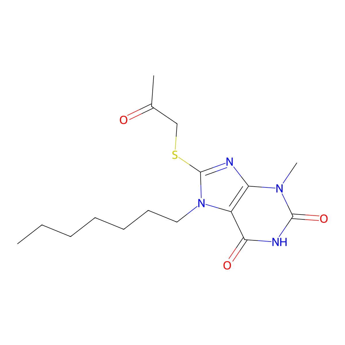 7-Heptyl-3-methyl-8-(2-oxo-propylsulfanyl)-3,7-dihydro-purine-2,6-dione molecular structure, CAS 313470-78-9