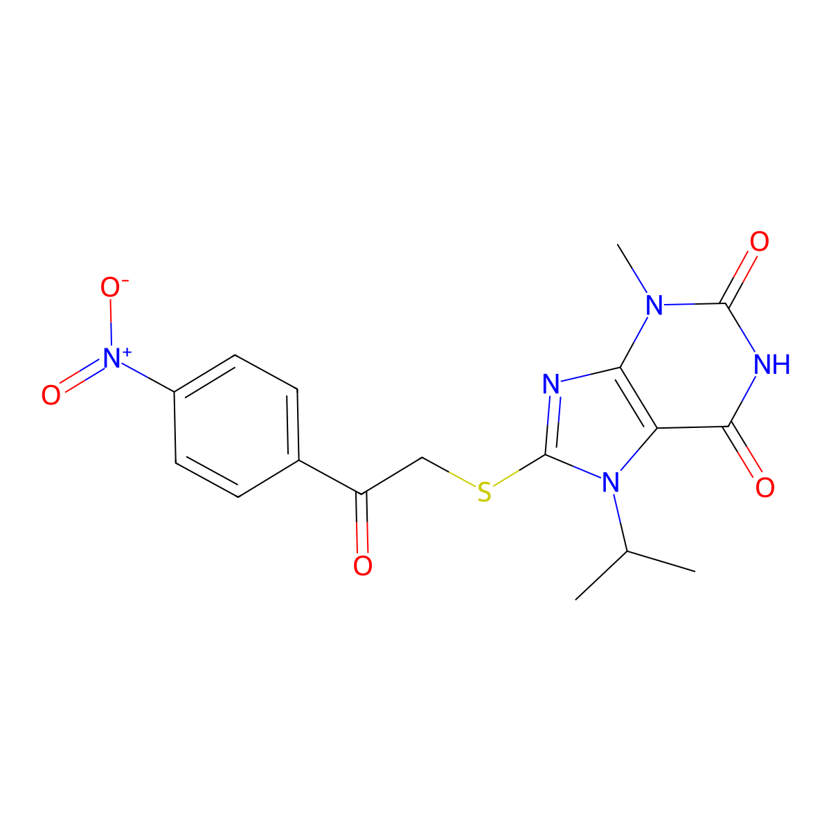 7-isopropyl-3-methyl-8-((2-(4-nitrophenyl)-2-oxoethyl)thio)-1H-purine-2,6(3H,7H)-dione molecular structure, CAS 313470-79-0