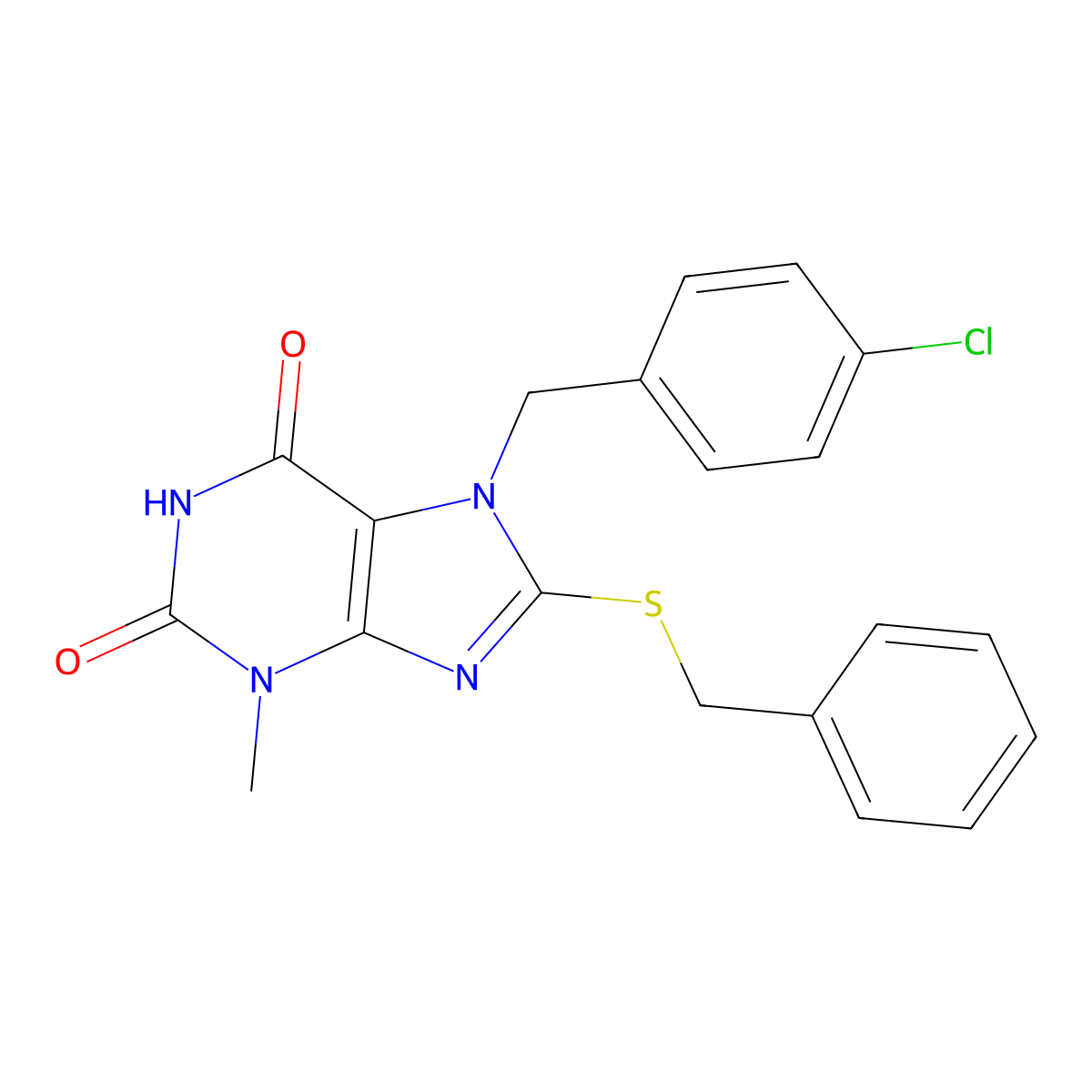 8-Benzylsulfanyl-7-(4-chloro-benzyl)-3-methyl-3,7-dihydro-purine-2,6-dione molecular structure, CAS 313470-82-5