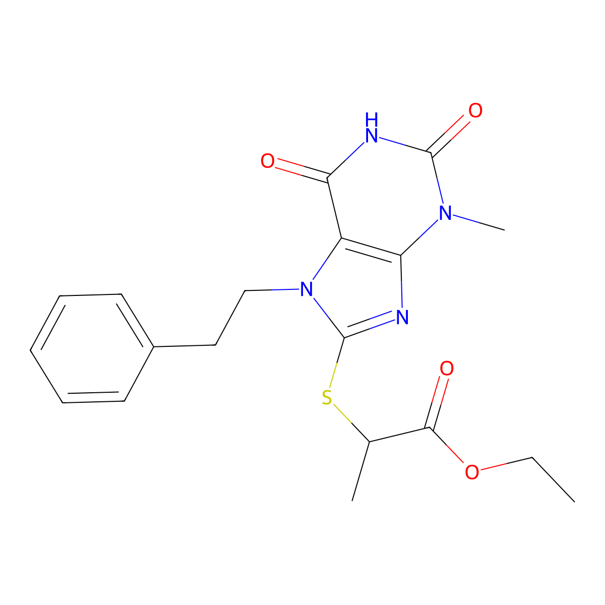 ethyl 2-((3-methyl-2,6-dioxo-7-phenethyl-2,3,6,7-tetrahydro-1H-purin-8-yl)thio)propanoate molecular structure, CAS 313470-85-8