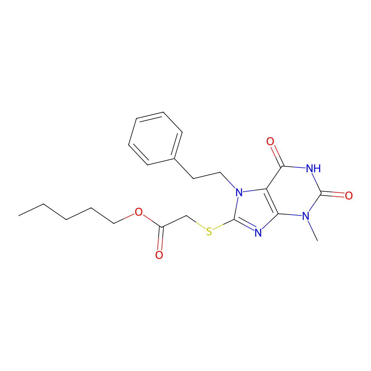 (3-Methyl-2,6-dioxo-7-phenethyl-2,3,6,7-tetrahydro-1H-purin-8-ylsulfanyl)-acetic acid pentyl ester molecular structure, CAS 313470-86-9