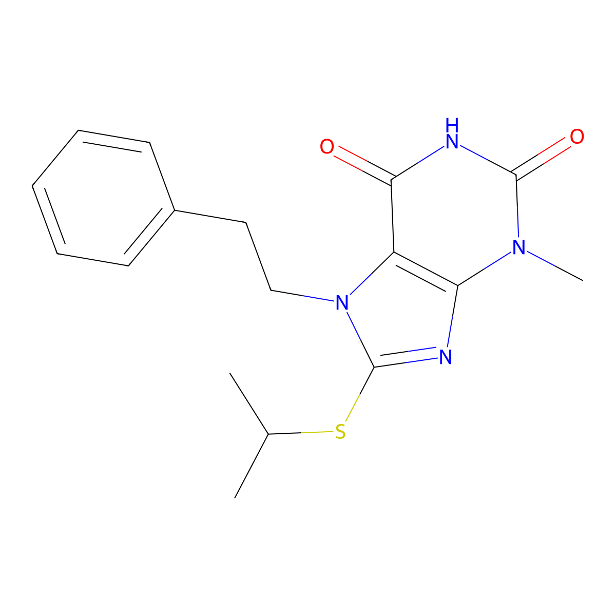 8-Isopropylsulfanyl-3-methyl-7-phenethyl-3,7-dihydro-purine-2,6-dione molecular structure, CAS 313470-89-2