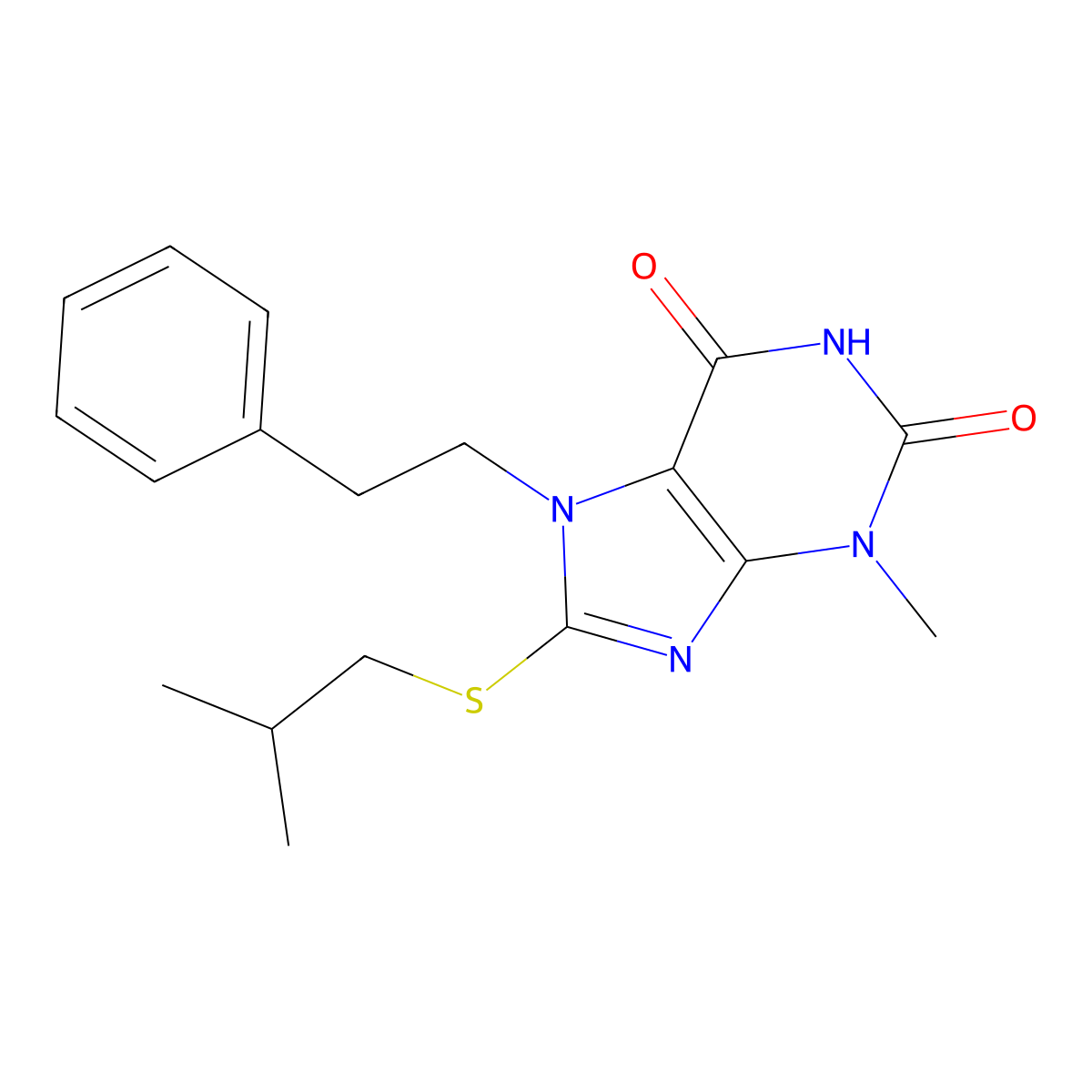 8-Isobutylsulfanyl-3-methyl-7-phenethyl-3,7-dihydro-purine-2,6-dione molecular structure, CAS 313470-90-5