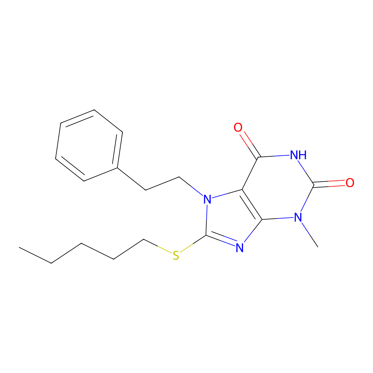 3-methyl-8-(pentylsulfanyl)-7-(2-phenylethyl)-3,7-dihydro-1H-purine-2,6-dione molecular structure, CAS 313470-91-6