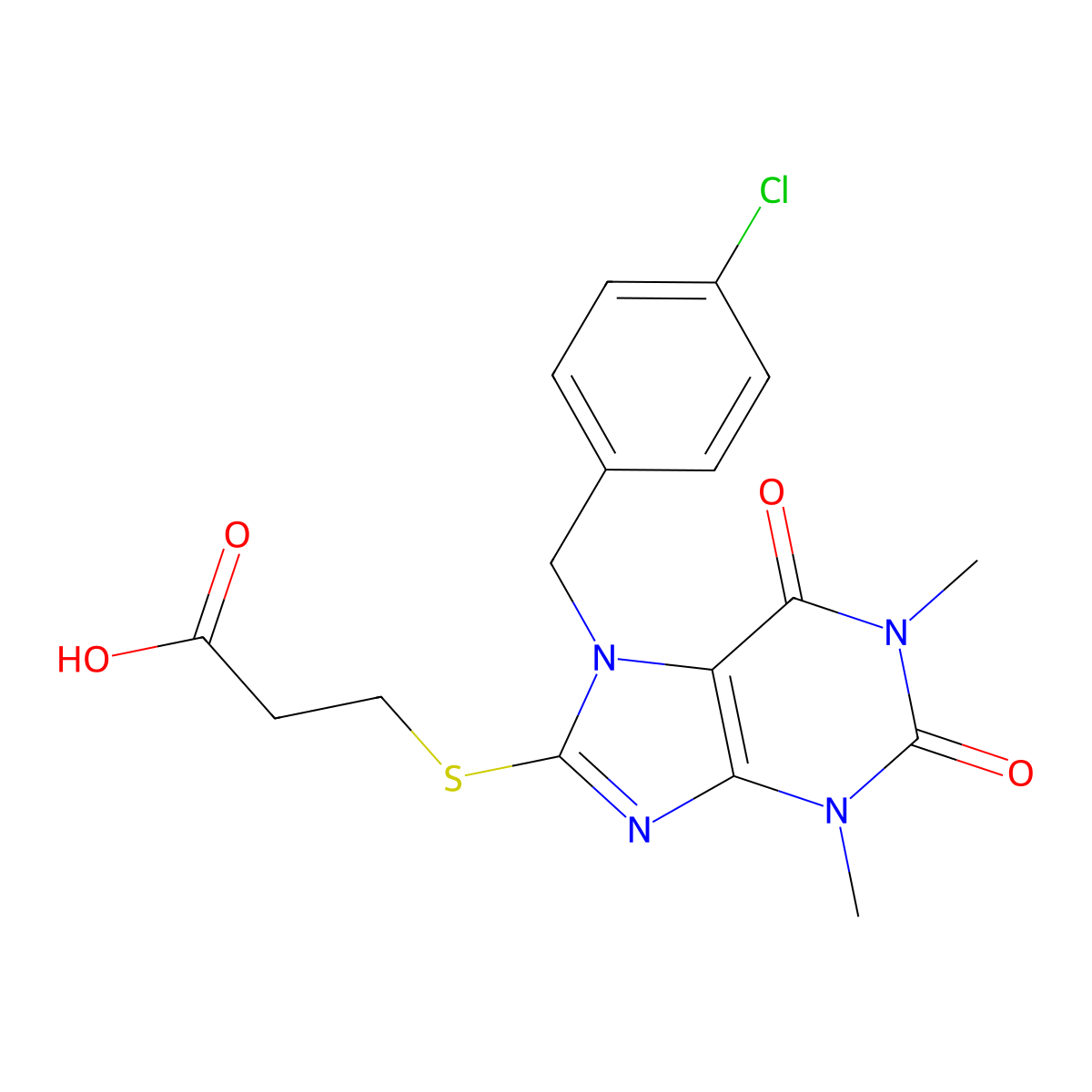 3-((7-(4-chlorobenzyl)-1,3-dimethyl-2,6-dioxo-2,3,6,7-tetrahydro-1H-purin-8-yl)thio)propanoic acid molecular structure, CAS 313470-92-7