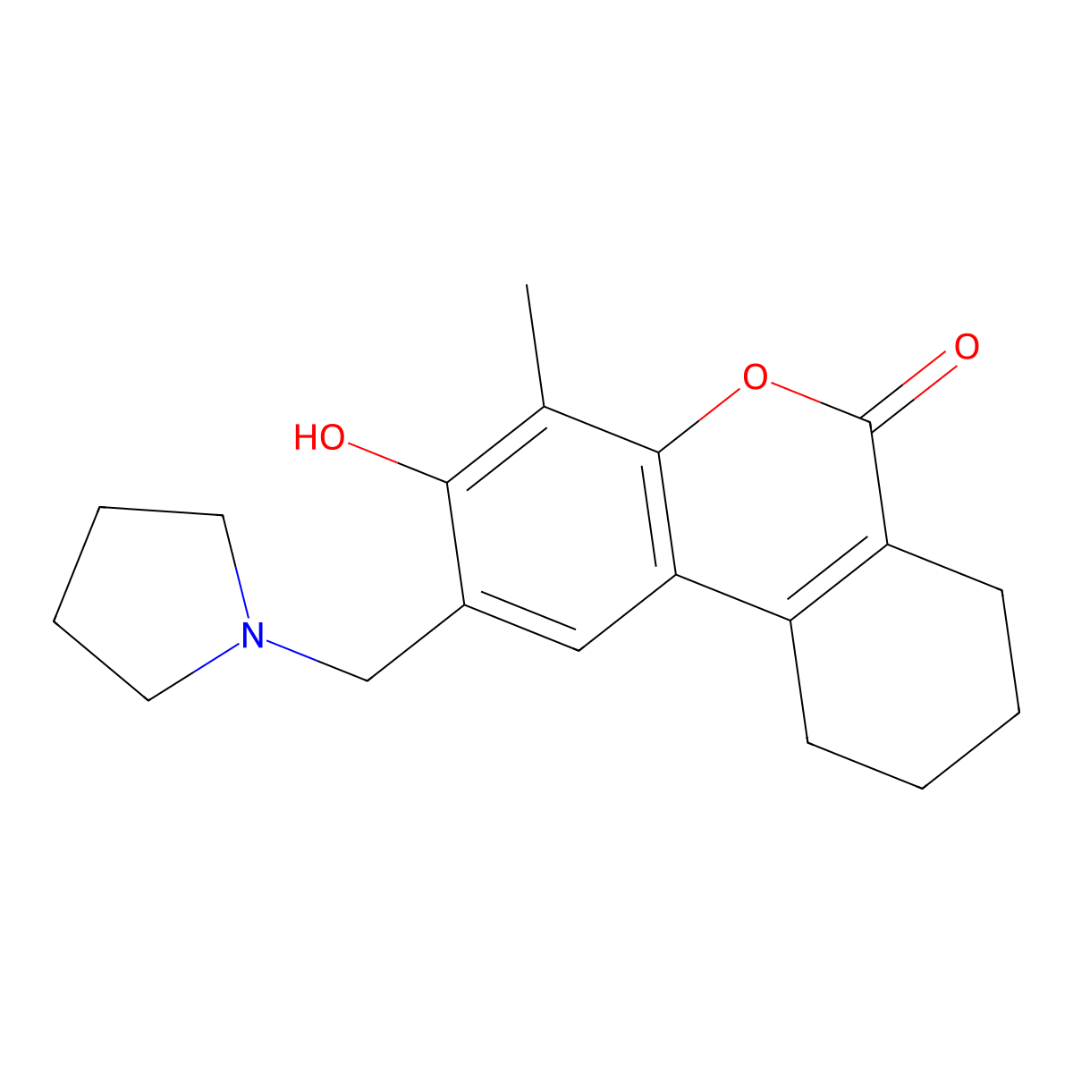 3-Hydroxy-4-methyl-2-(pyrrolidin-1-ylmethyl)-7,8,9,10-tetrahydrobenzo[c]chromen-6-one molecular structure, CAS 313471-40-8