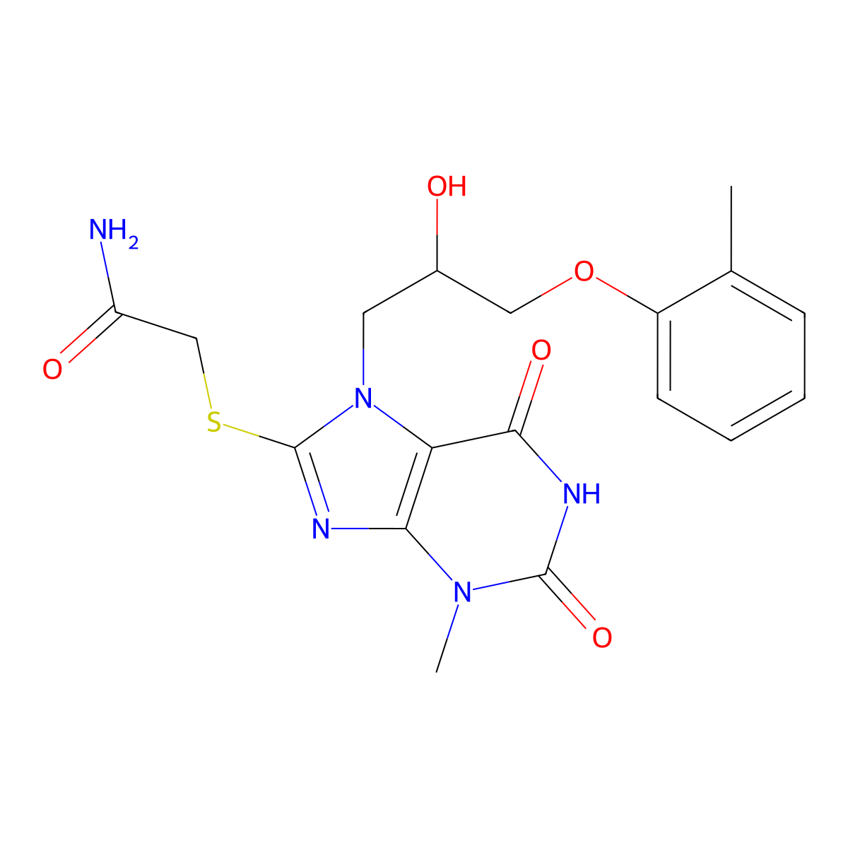 2-((7-(2-hydroxy-3-(o-tolyloxy)propyl)-3-methyl-2,6-dioxo-2,3,6,7-tetrahydro-1H-purin-8-yl)thio)acetamide molecular structure, CAS 313471-48-6