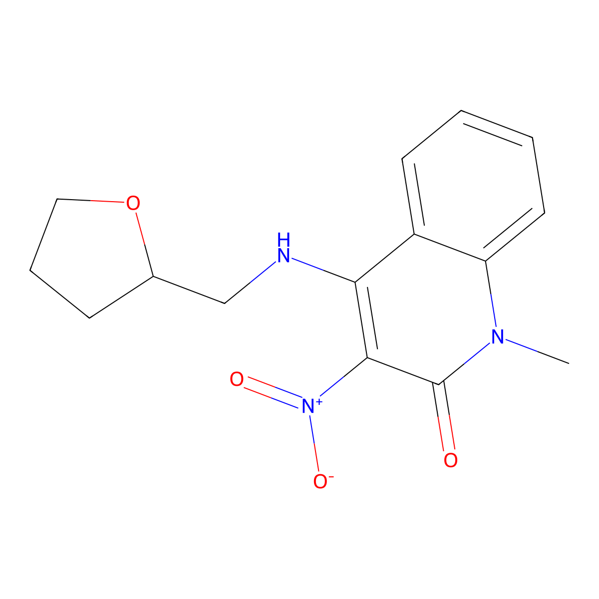 1-methyl-3-nitro-4-(((tetrahydrofuran-2-yl)methyl)amino)quinolin-2(1H)-one molecular structure, CAS 313480-22-7