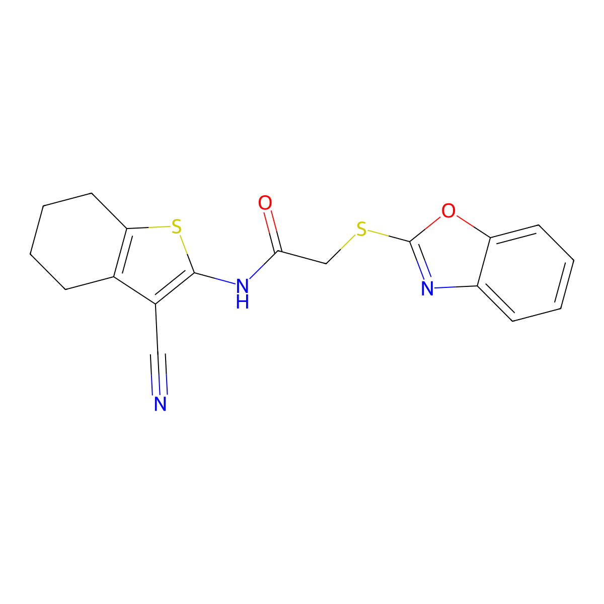 2-(1,3-benzoxazol-2-ylsulfanyl)-N-(3-cyano-4,5,6,7-tetrahydro-1-benzothiophen-2-yl)acetamide molecular structure, CAS 313481-45-7