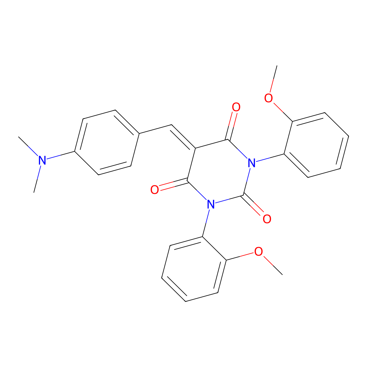 1,3-Bis(2-methoxyphenyl)-5-((4-(dimethylamino)phenyl)methylene)-1,3-diazaperhydroine-2,4,6-trione molecular structure, CAS 313499-13-7