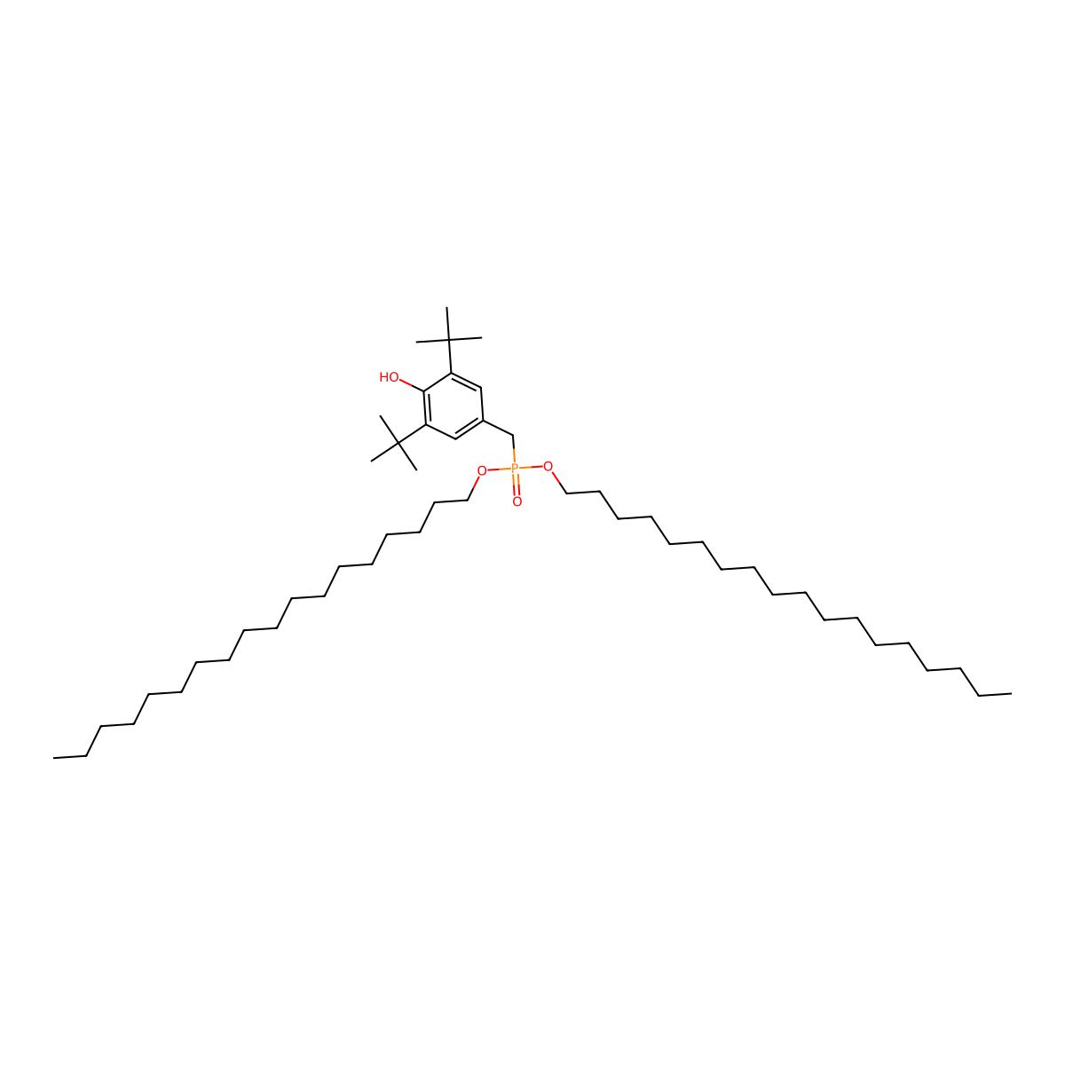 Phosphonic acid, P-[[3,5-bis(1,1-dimethylethyl)-4-hydroxyphenyl]methyl]-, dioctadecyl ester molecular structure, CAS 3135-18-0
