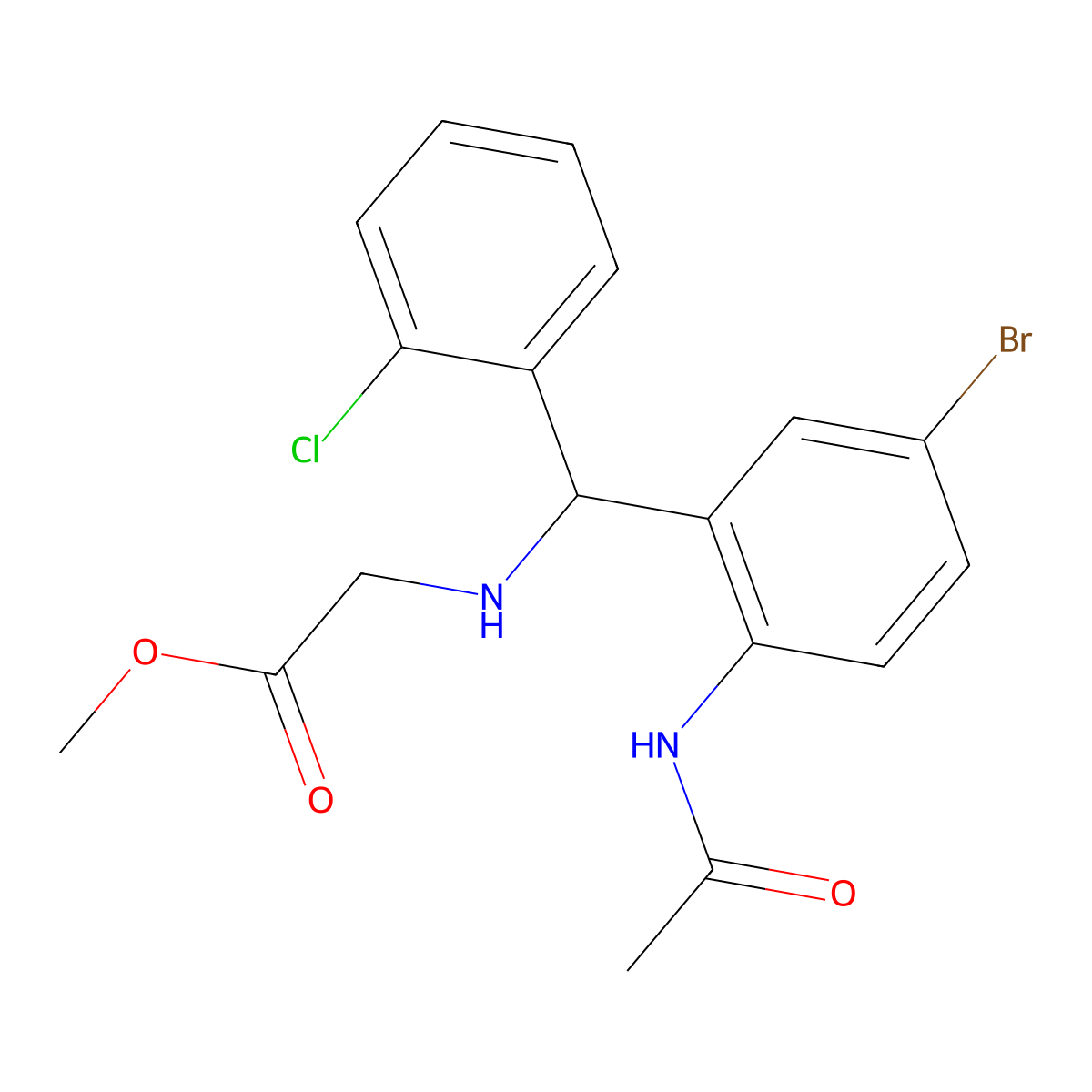 Methyl 2-(((2-acetamido-5-bromophenyl)(2-chlorophenyl)methyl)amino)acetate molecular structure, CAS 313502-75-9