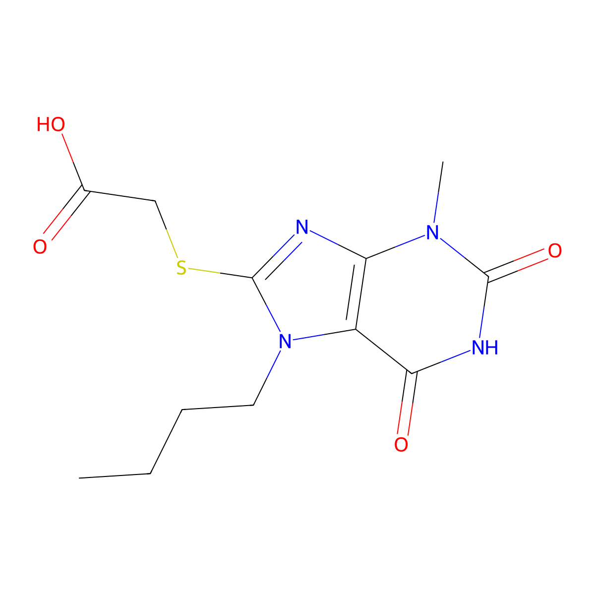 2-(7-Butyl-3-methyl-2,6-dioxopurin-8-yl)sulfanylacetic acid molecular structure, CAS 313507-14-1