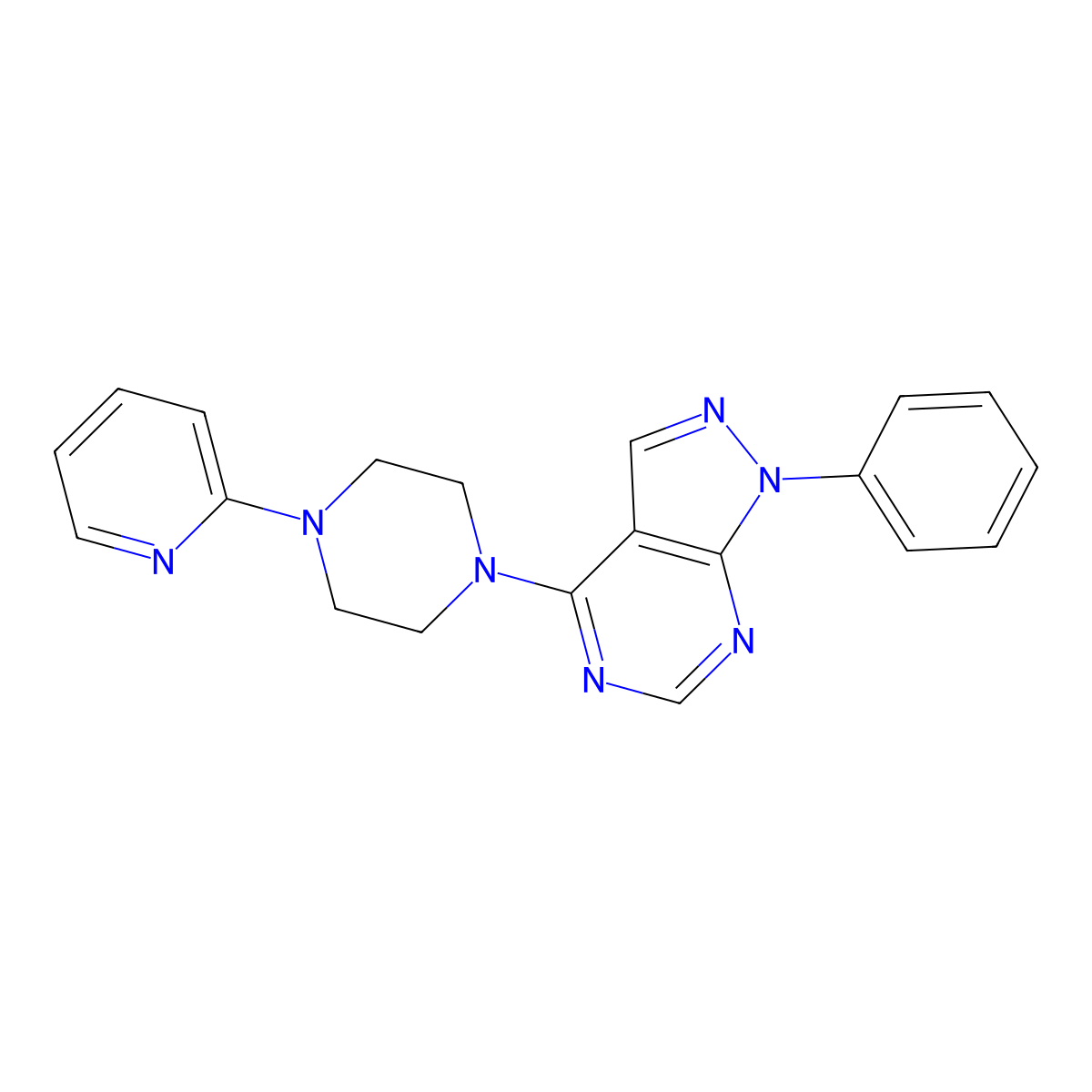 1-Phenyl-4-(4-pyridin-2-ylpiperazin-1-yl)pyrazolo[3,4-d]pyrimidine molecular structure, CAS 313518-74-0
