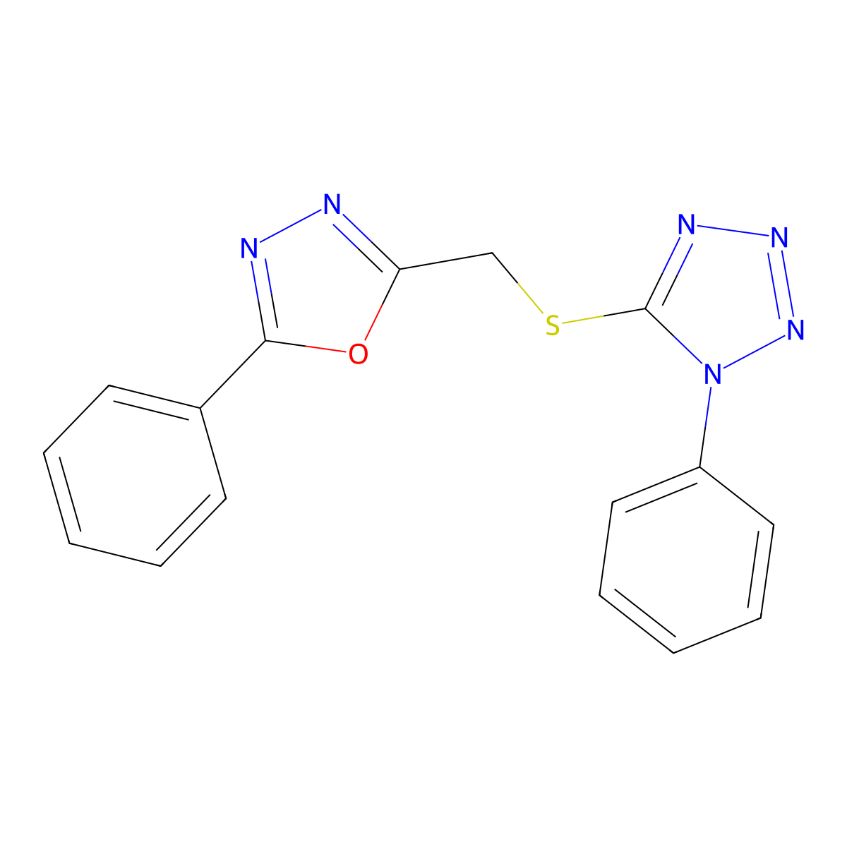 1-phenyl-5-{[(5-phenyl-1,3,4-oxadiazol-2-yl)methyl]sulfanyl}-1H-tetrazole molecular structure, CAS 313527-73-0