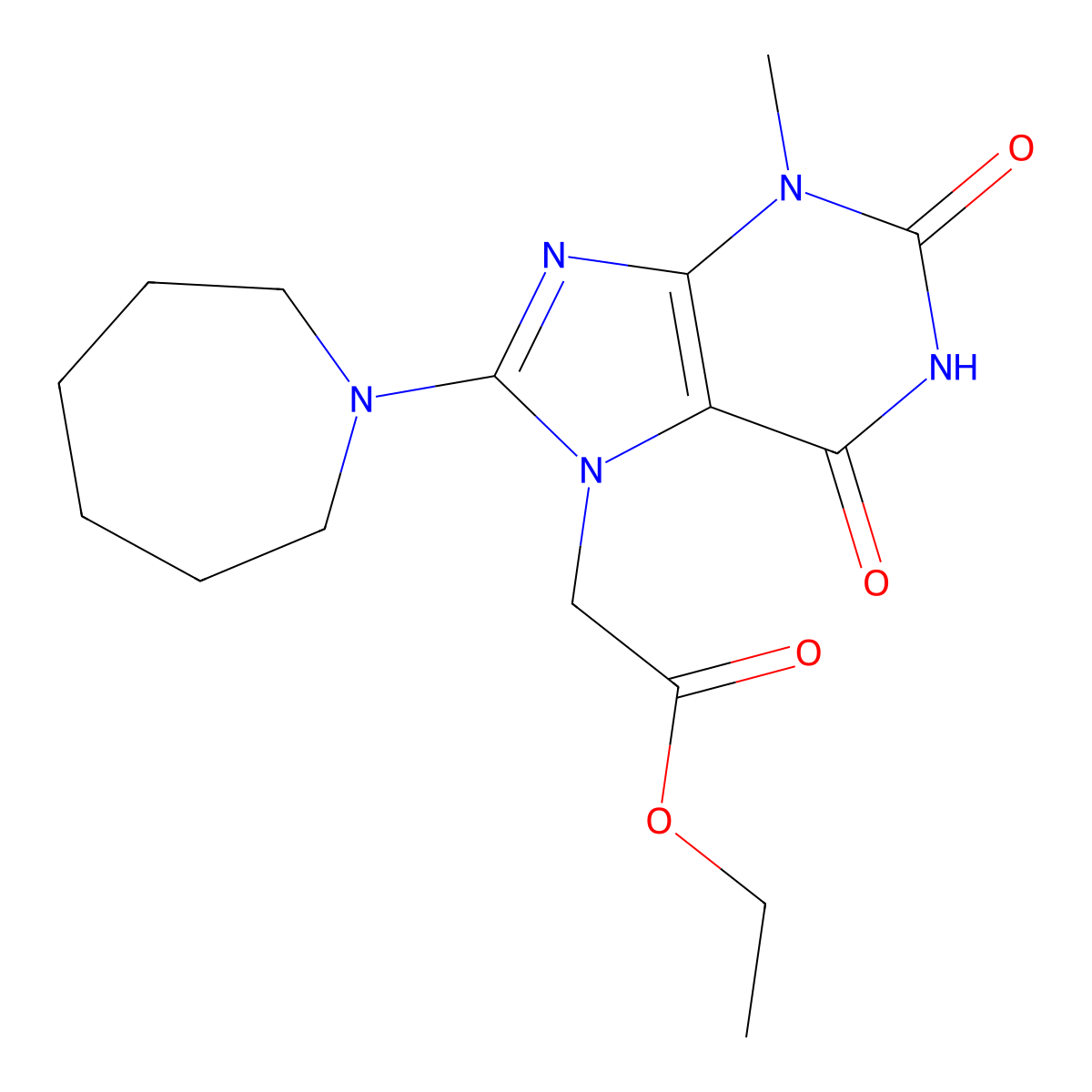 (8-Azepan-1-yl-3-methyl-2,6-dioxo-1,2,3,6-tetrahydro-purin-7-yl)-acetic acid ethyl ester molecular structure, CAS 313528-23-3