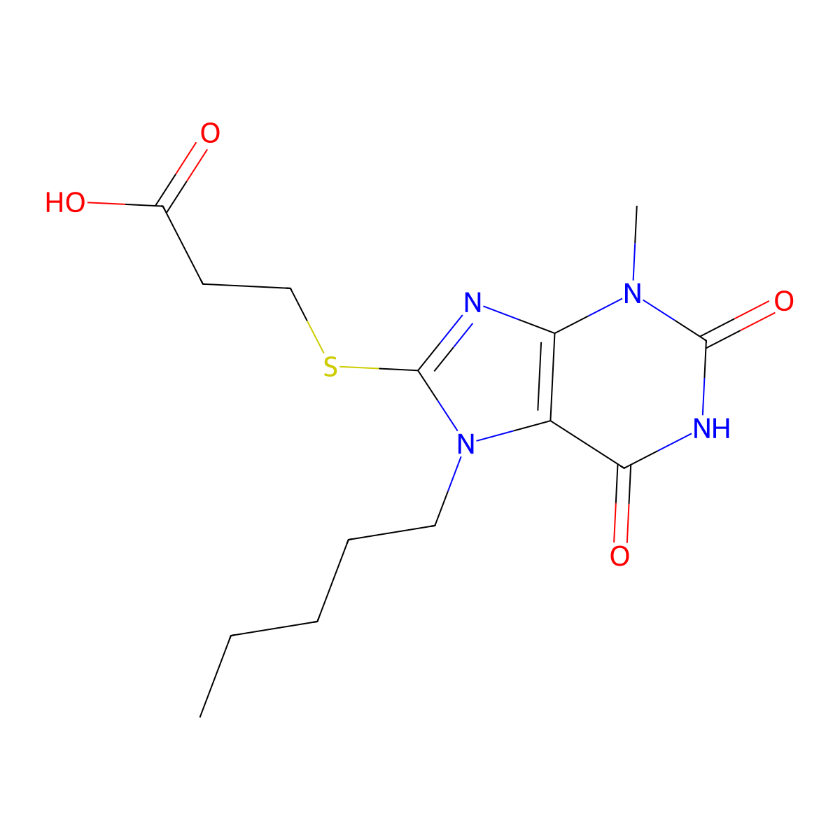 3-(3-Methyl-2,6-dioxo-7-pentylpurin-8-yl)sulfanylpropanoic acid molecular structure, CAS 313528-24-4