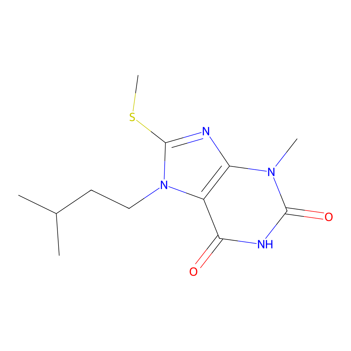 7-isopentyl-3-methyl-8-(methylthio)-1H-purine-2,6(3H,7H)-dione molecular structure, CAS 313530-80-2